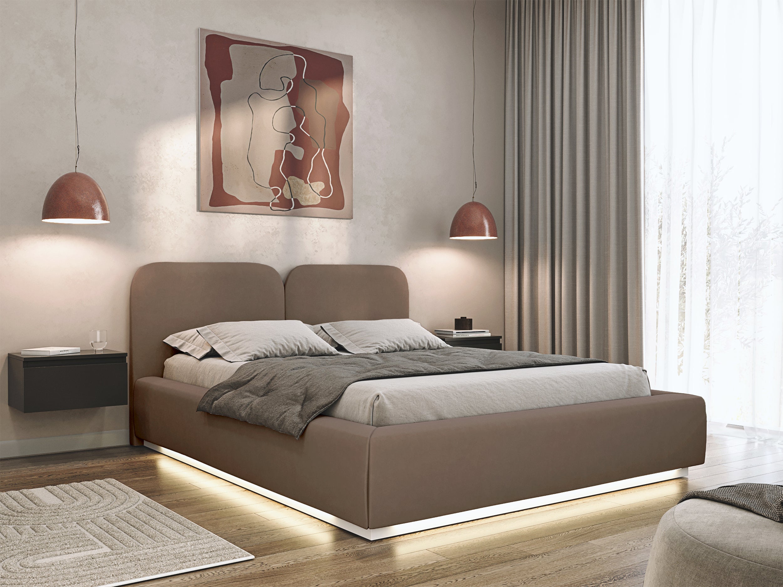 Polsterbett 140x200 cm Comoves mit Stauraum und LED-Beleuchtung, Metallrahmen, brauner Samt