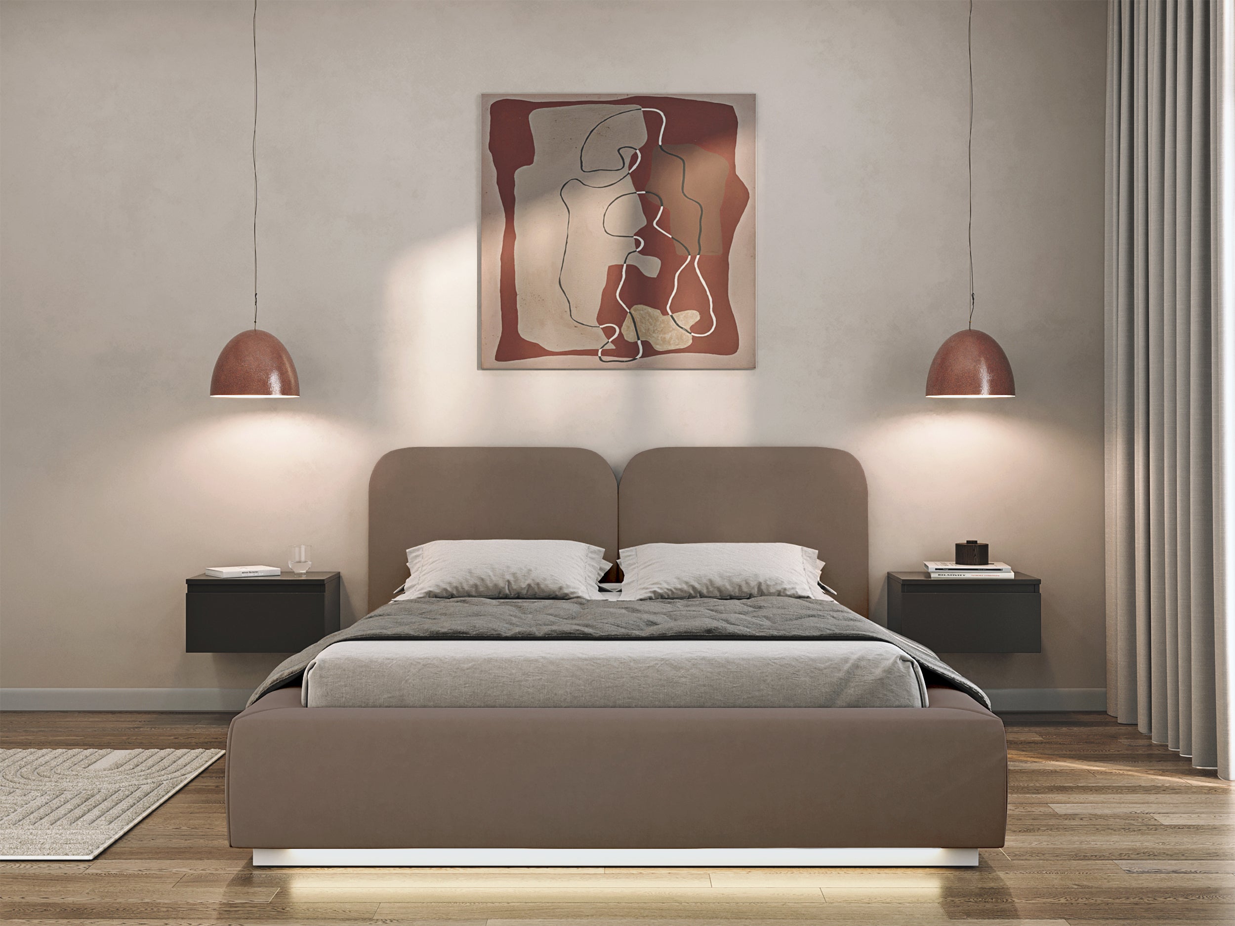 Polsterbett 140x200 cm Comoves mit Stauraum und LED-Beleuchtung, Metallrahmen, brauner Samt