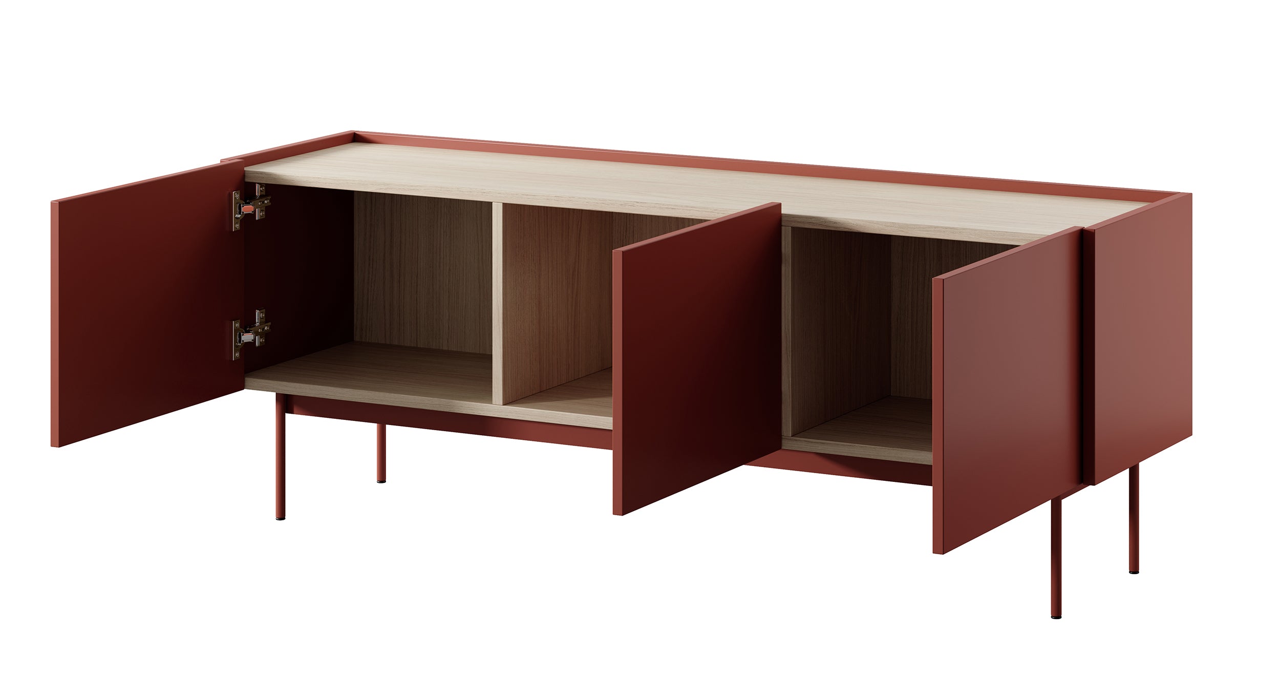 TV-Schrank Color 144 cm dreitürig Ziegelrot / Eiche Linea