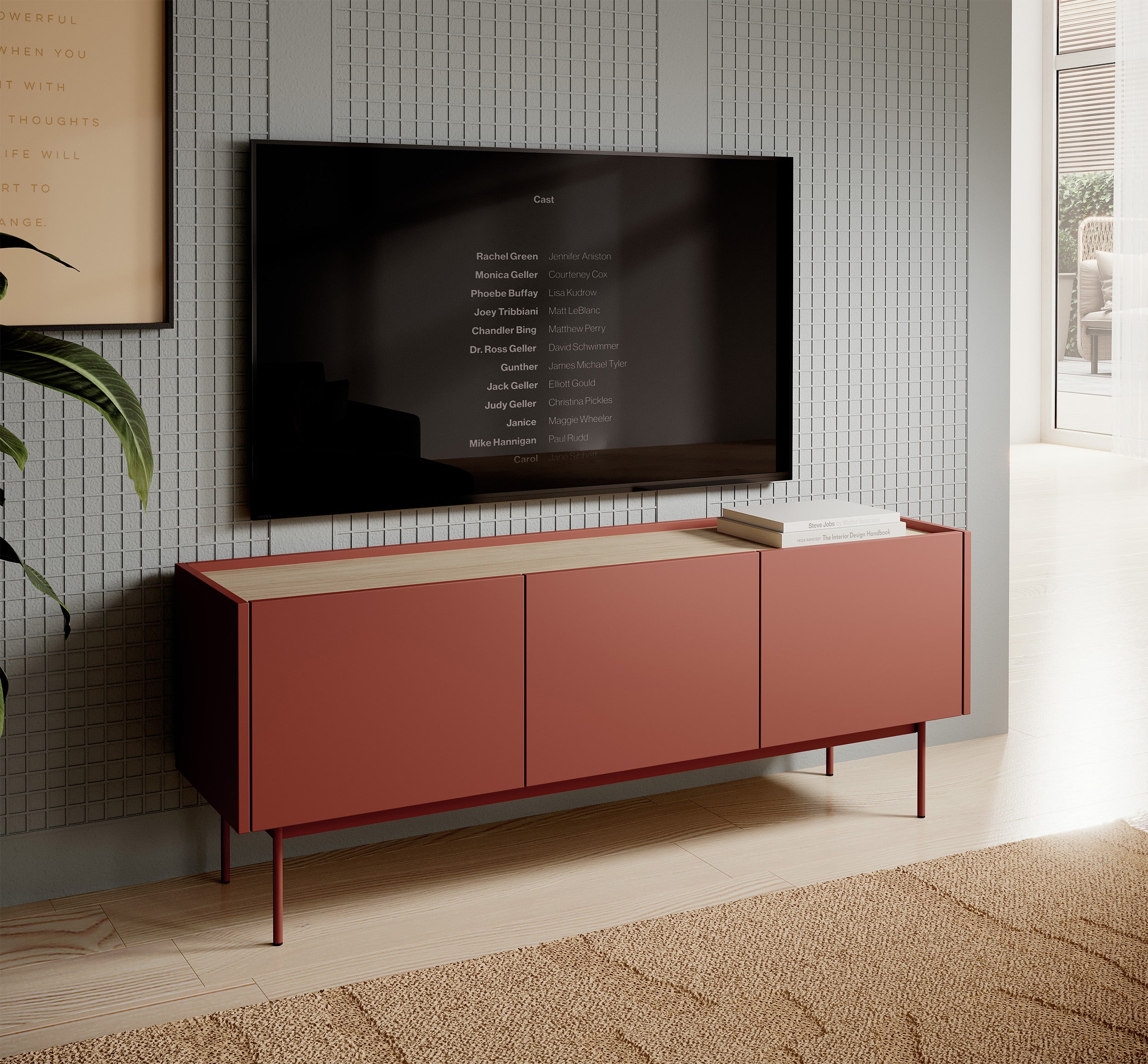 TV-Schrank Color 144 cm dreitürig Ziegelrot / Eiche Linea