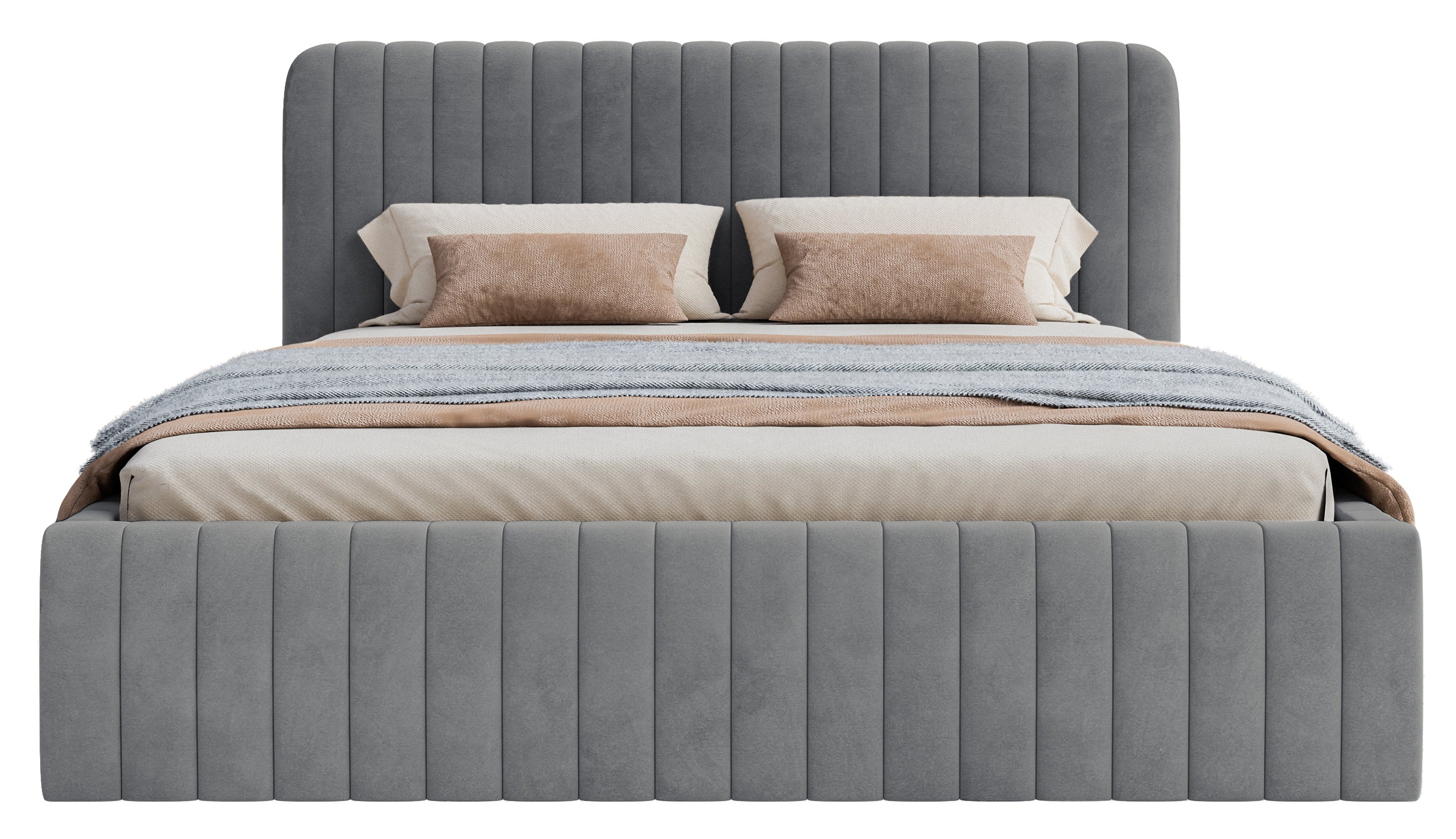 Gepolstertes Bett 180x200 cm Saliano mit Stauraum, blau-grauer hydrophober Samt