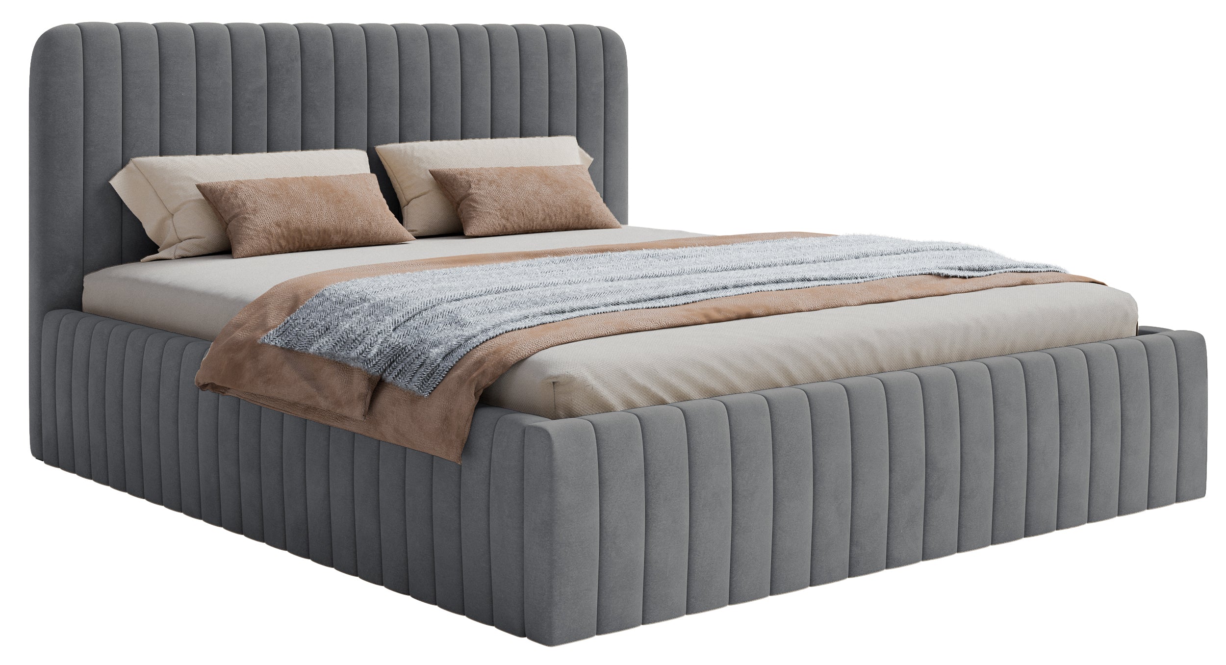 Polsterbett 140x200 cm Saliano mit Stauraum, blau-grauer Velours, wasserabweisend
