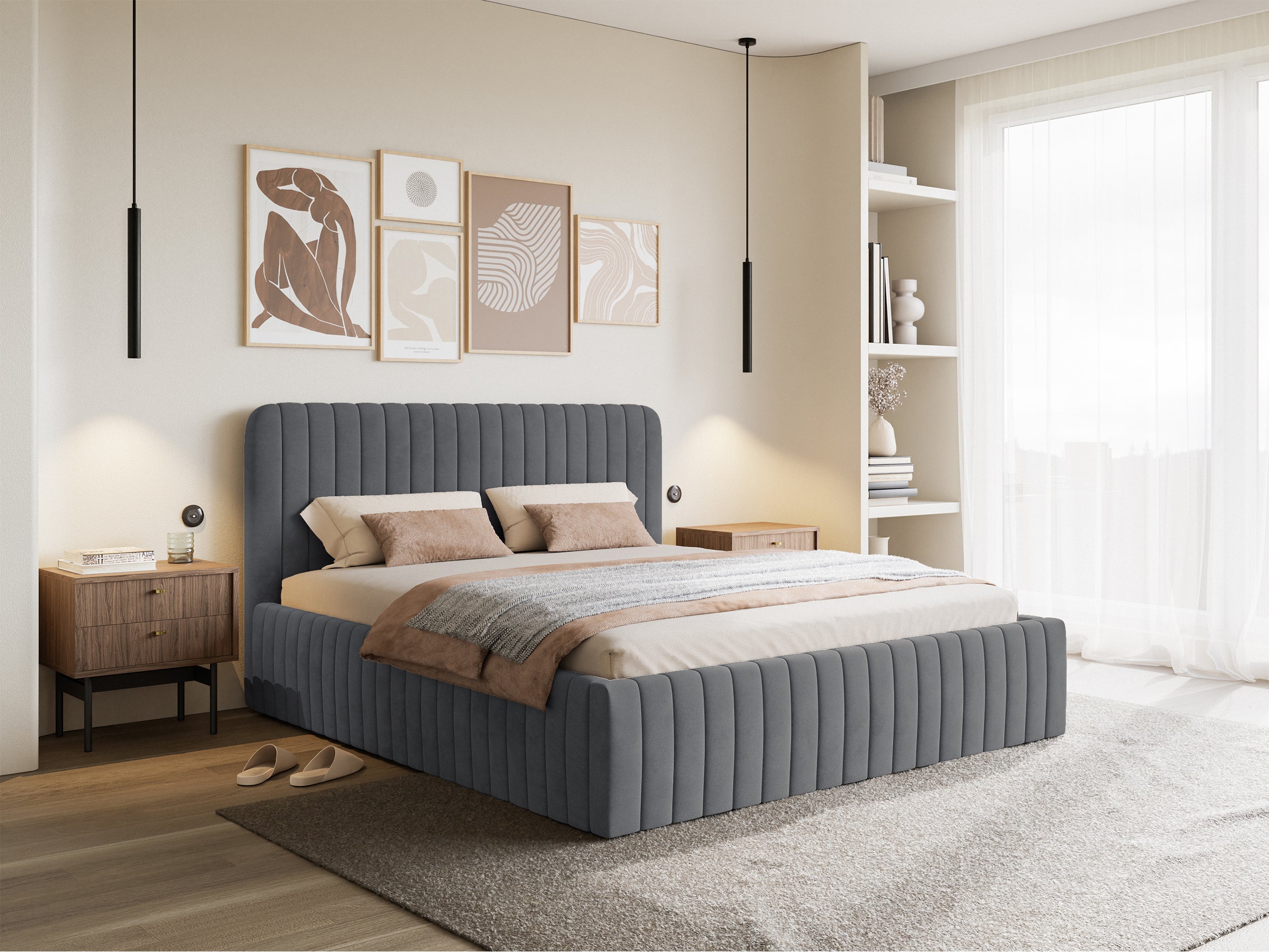 Polsterbett 140x200 cm Saliano mit Stauraum, blau-grauer Velours, wasserabweisend