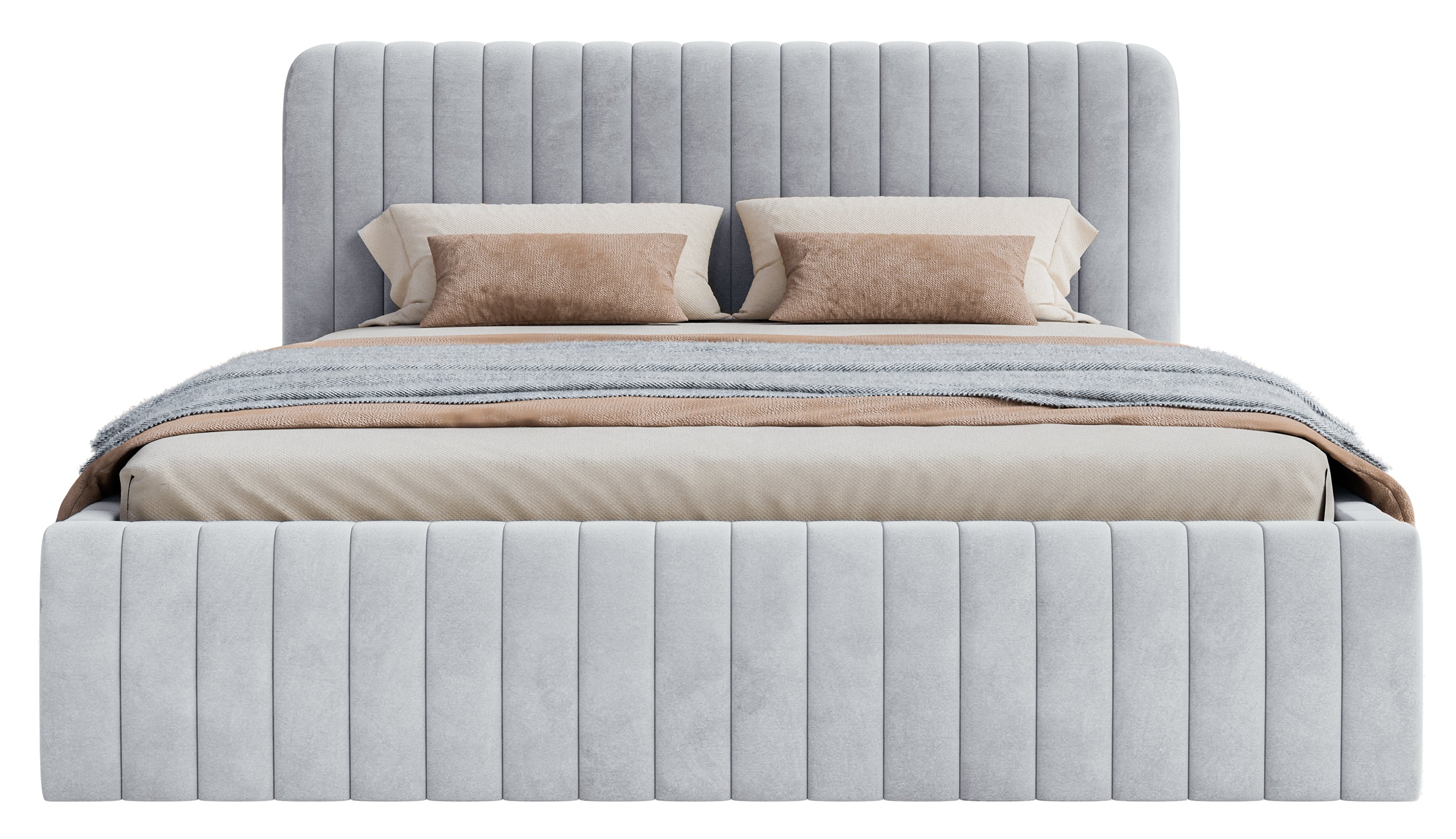 Polsterbett 180x200 cm Saliano mit Stauraum, taubenblauer Velours, wasserabweisend