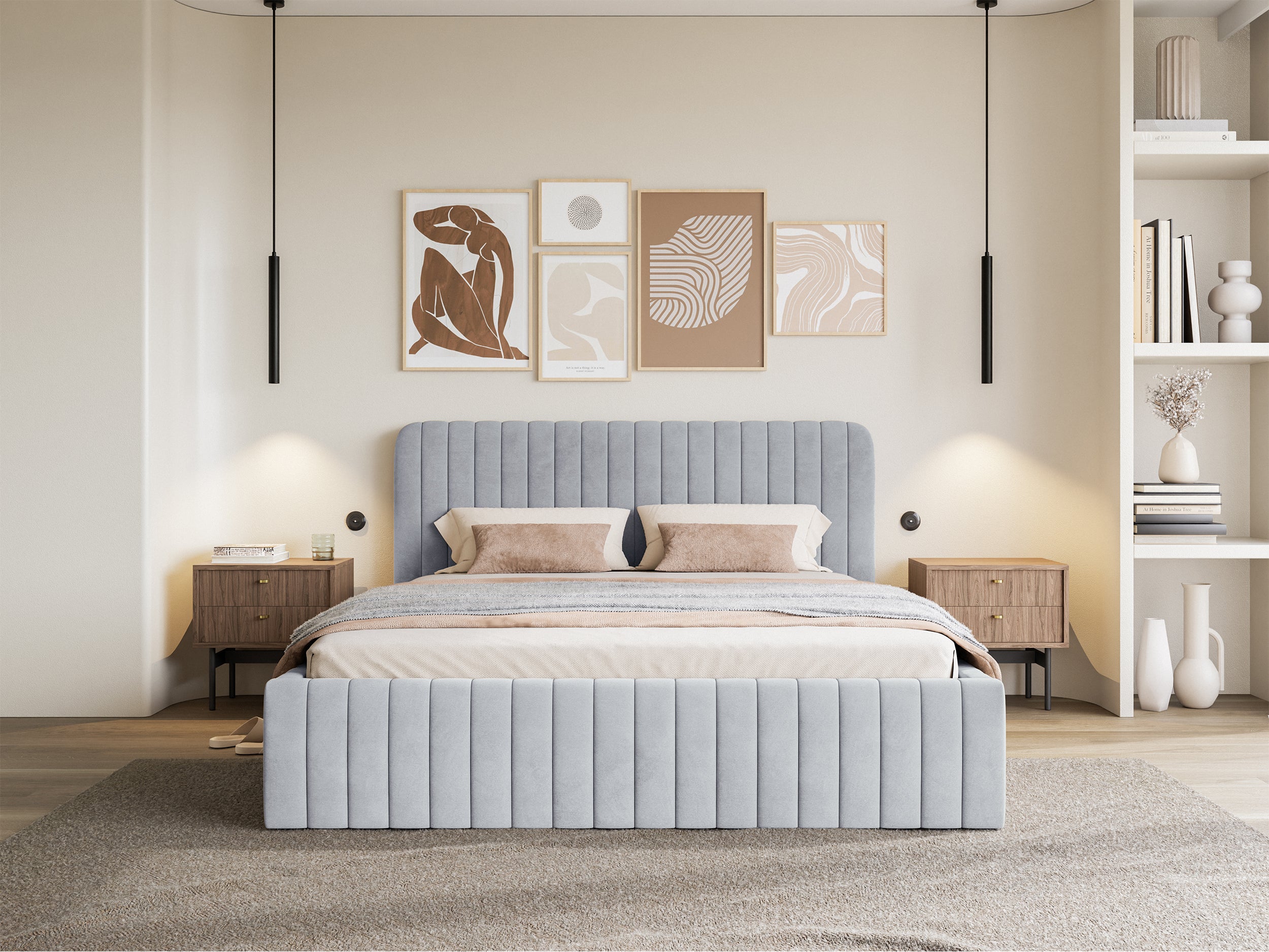 Polsterbett 180x200 cm Saliano mit Stauraum, taubenblauer Velours, wasserabweisend