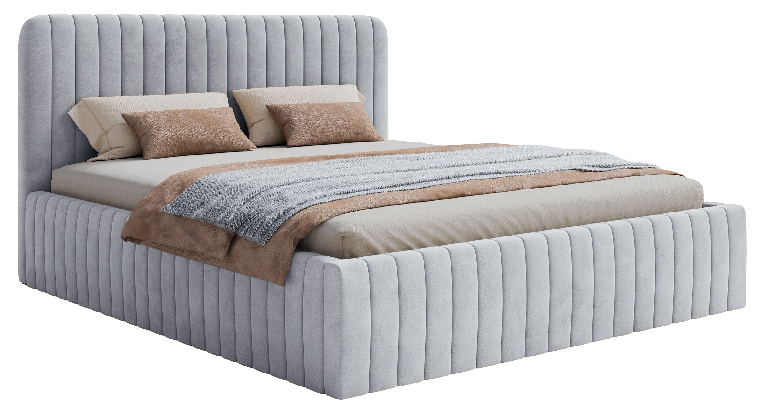 Polsterbett 160x200 cm Saliano mit Stauraum, taubenblauer Velours, wasserabweisend