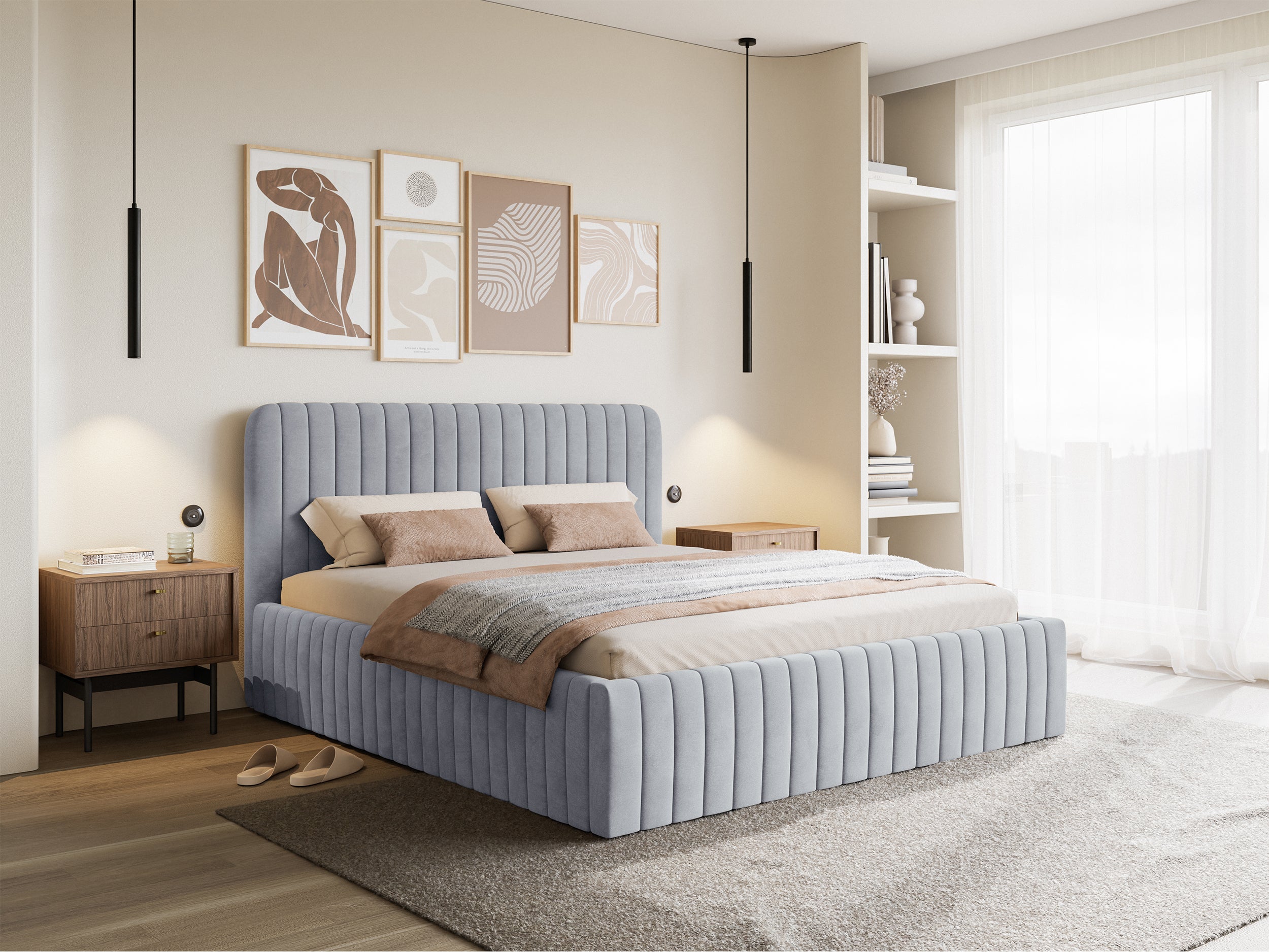 Polsterbett 160x200 cm Saliano mit Stauraum, taubenblauer Velours, wasserabweisend
