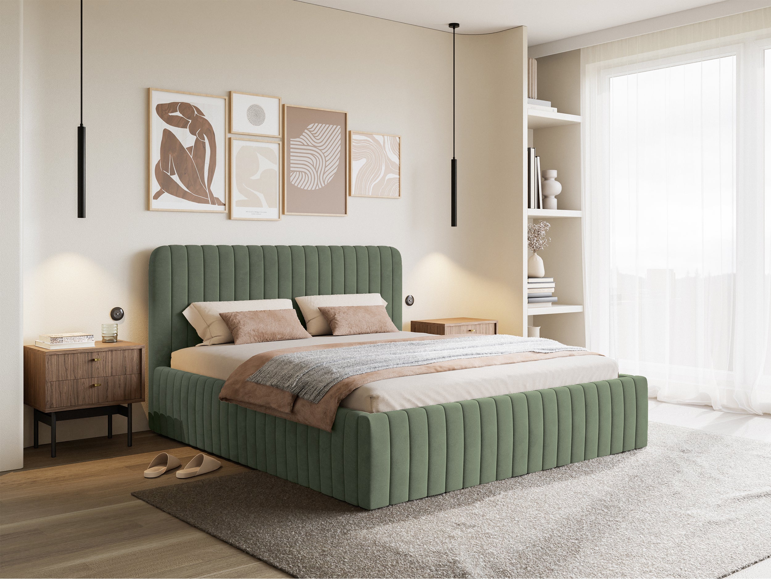 Polsterbett 140x200 cm Saliano mit Stauraum, eukalyptusfarbener Velours mit hydrophober Beschichtung
