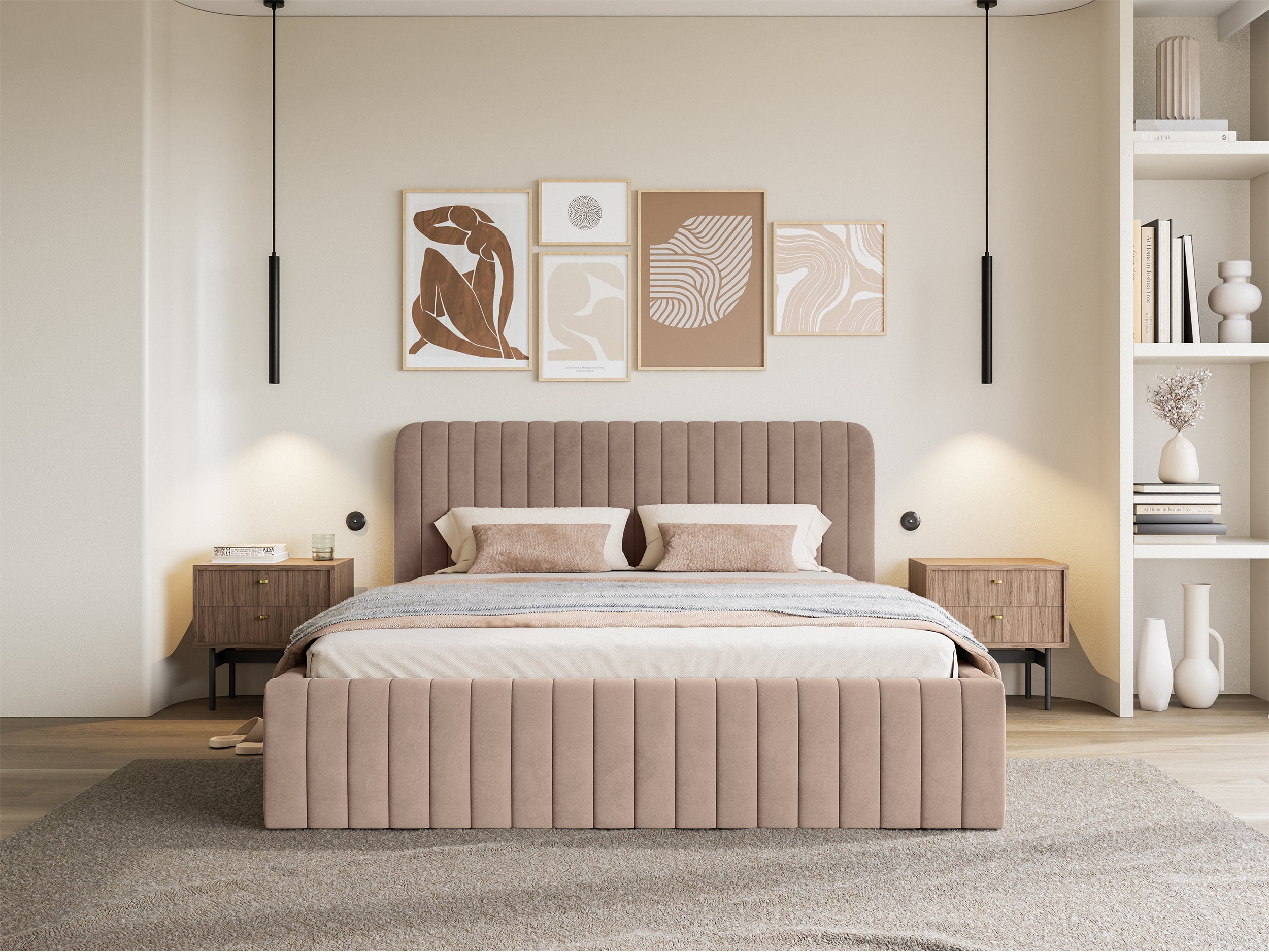 Polsterbett 180x200 cm Saliano mit Stauraum, beige, hydrophobes Samtgewebe