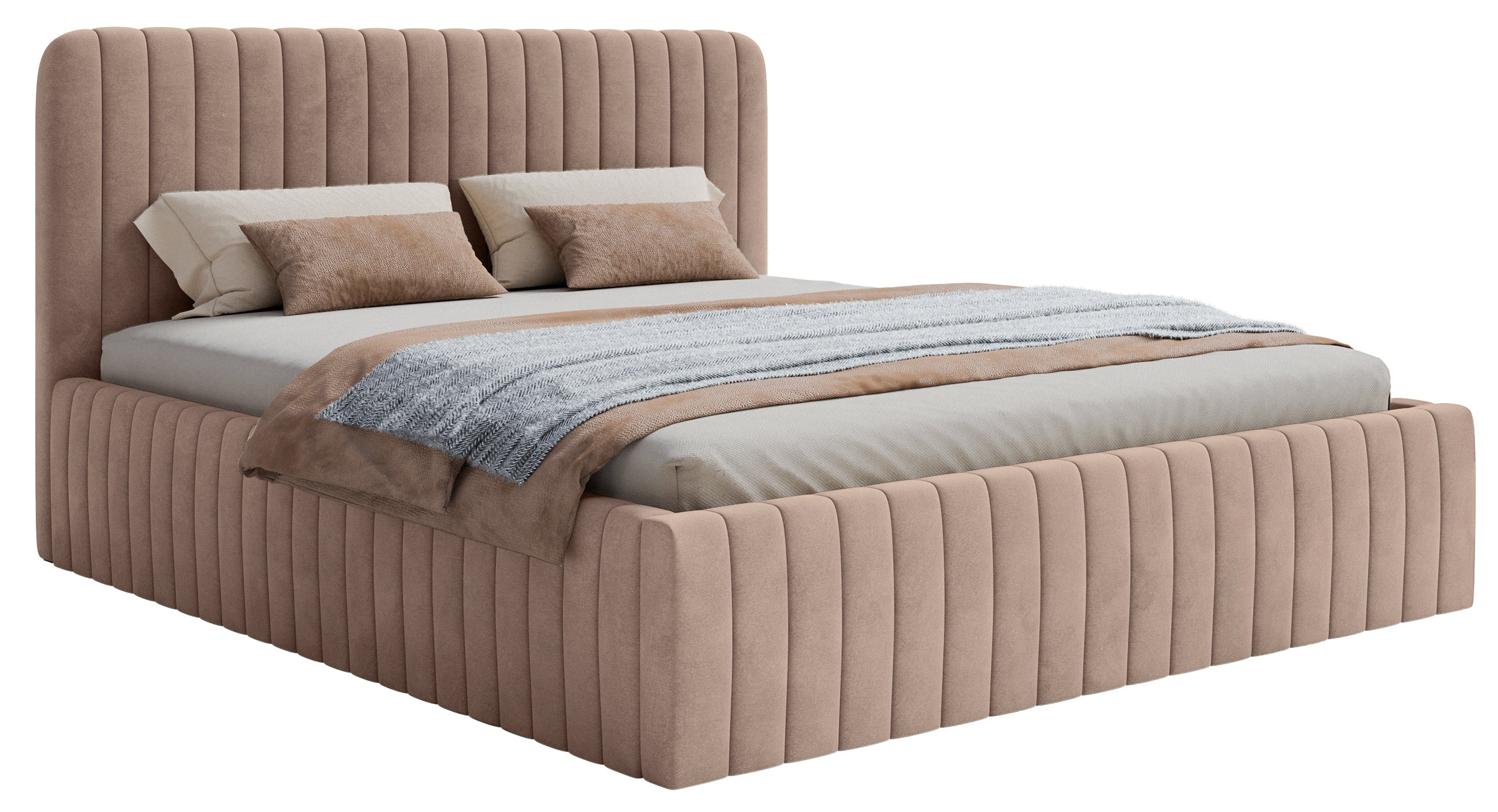 Polsterbett 180x200 cm Saliano mit Stauraum, beige, hydrophobes Samtgewebe