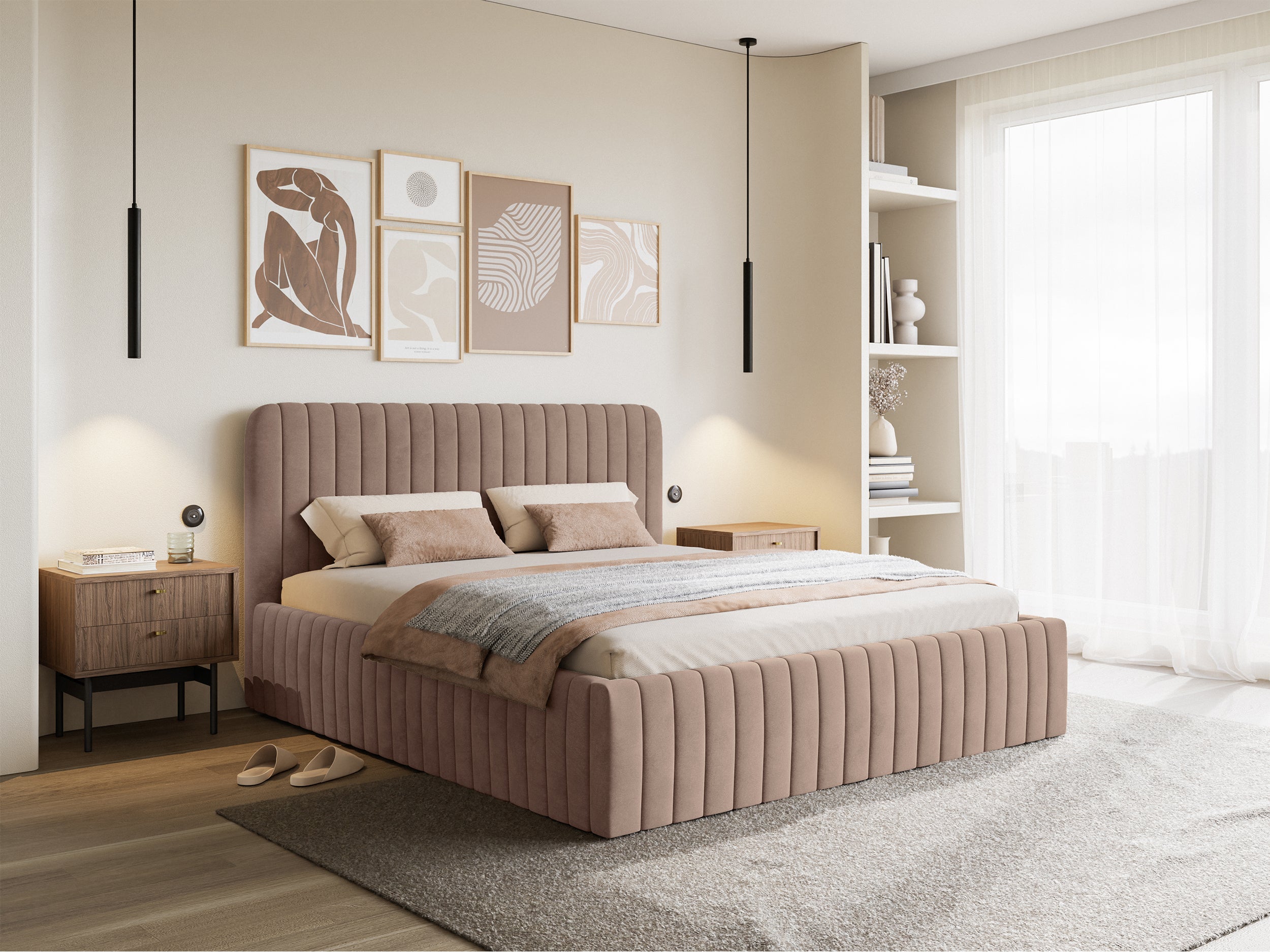 Polsterbett 180x200 cm Saliano mit Stauraum, beige, hydrophobes Samtgewebe