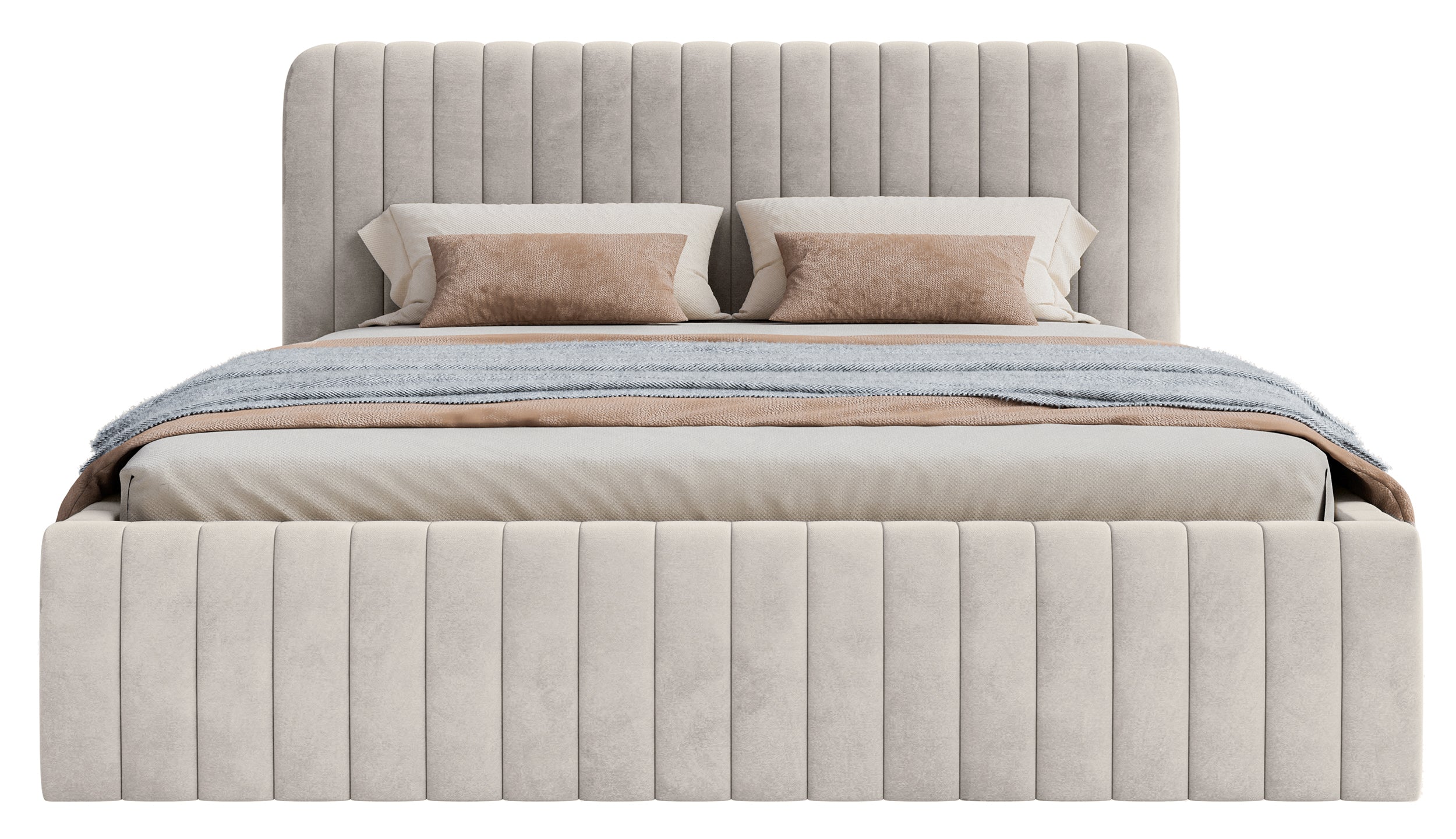 Polsterbett 180x200 cm Saliano mit Stauraum, grau-beiges Velours, wasserabweisend