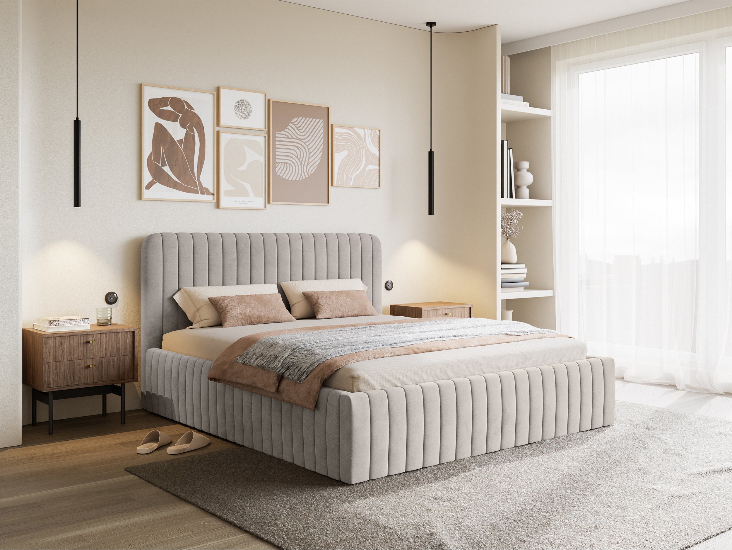 Polsterbett 160x200 cm Saliano mit Stauraum, grau-beiger hydrophober Samtvelours