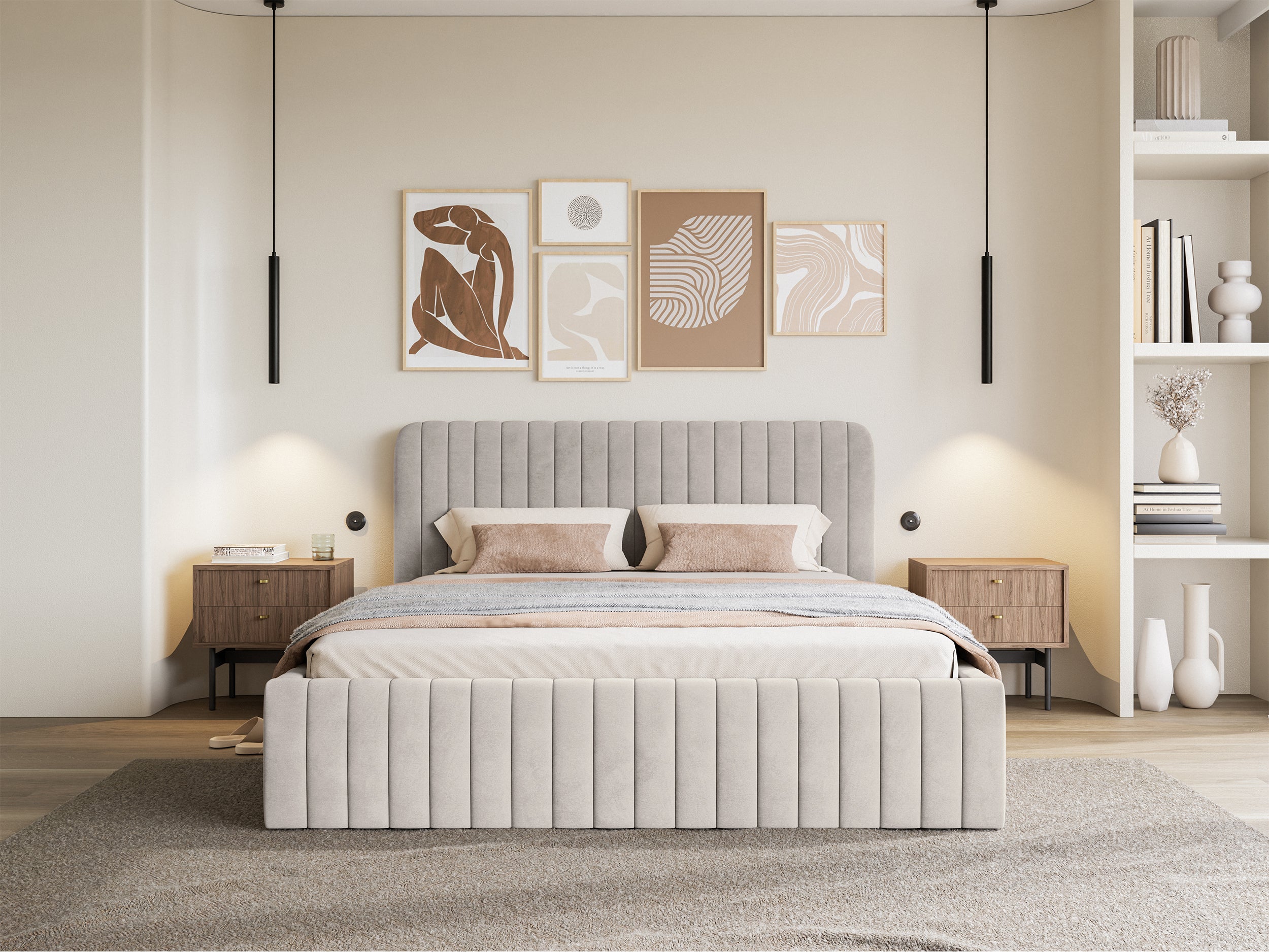 Polsterbett 180x200 cm Saliano mit Stauraum, grau-beiges Velours, wasserabweisend