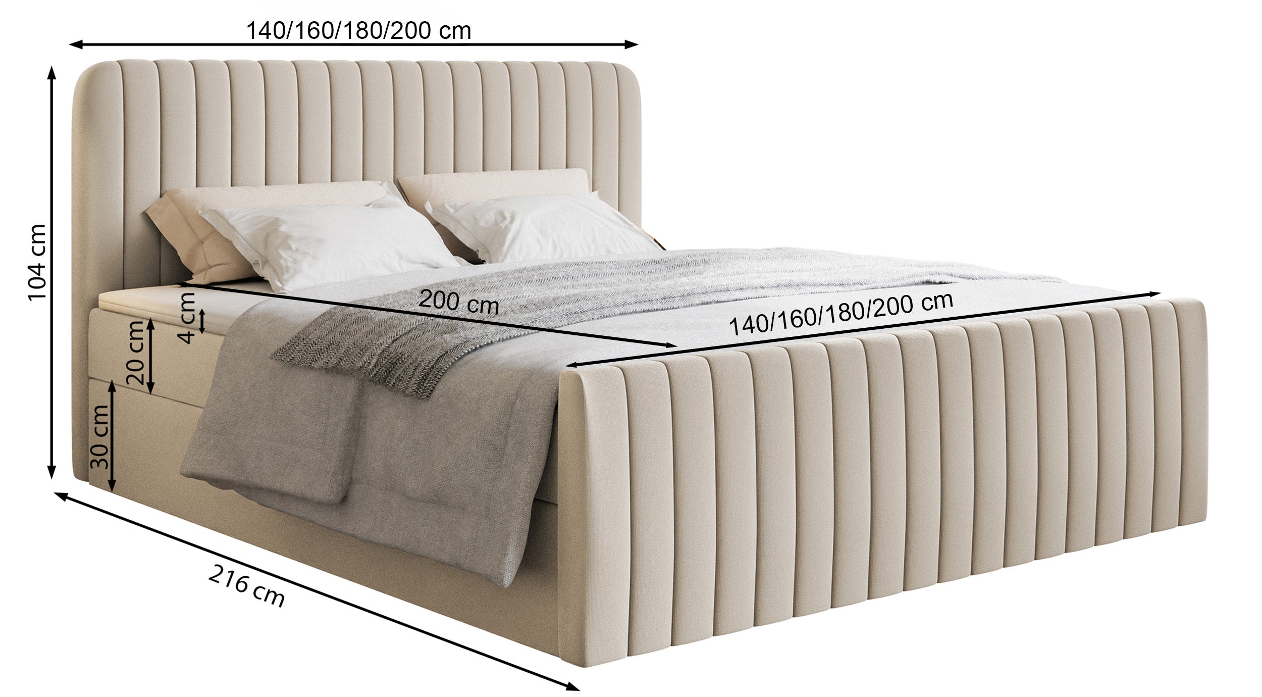 Kontinentales Bett 160x200 cm Saliano mit Stauraum und Topper, olivgrüner hydrophober Chenillestoff
