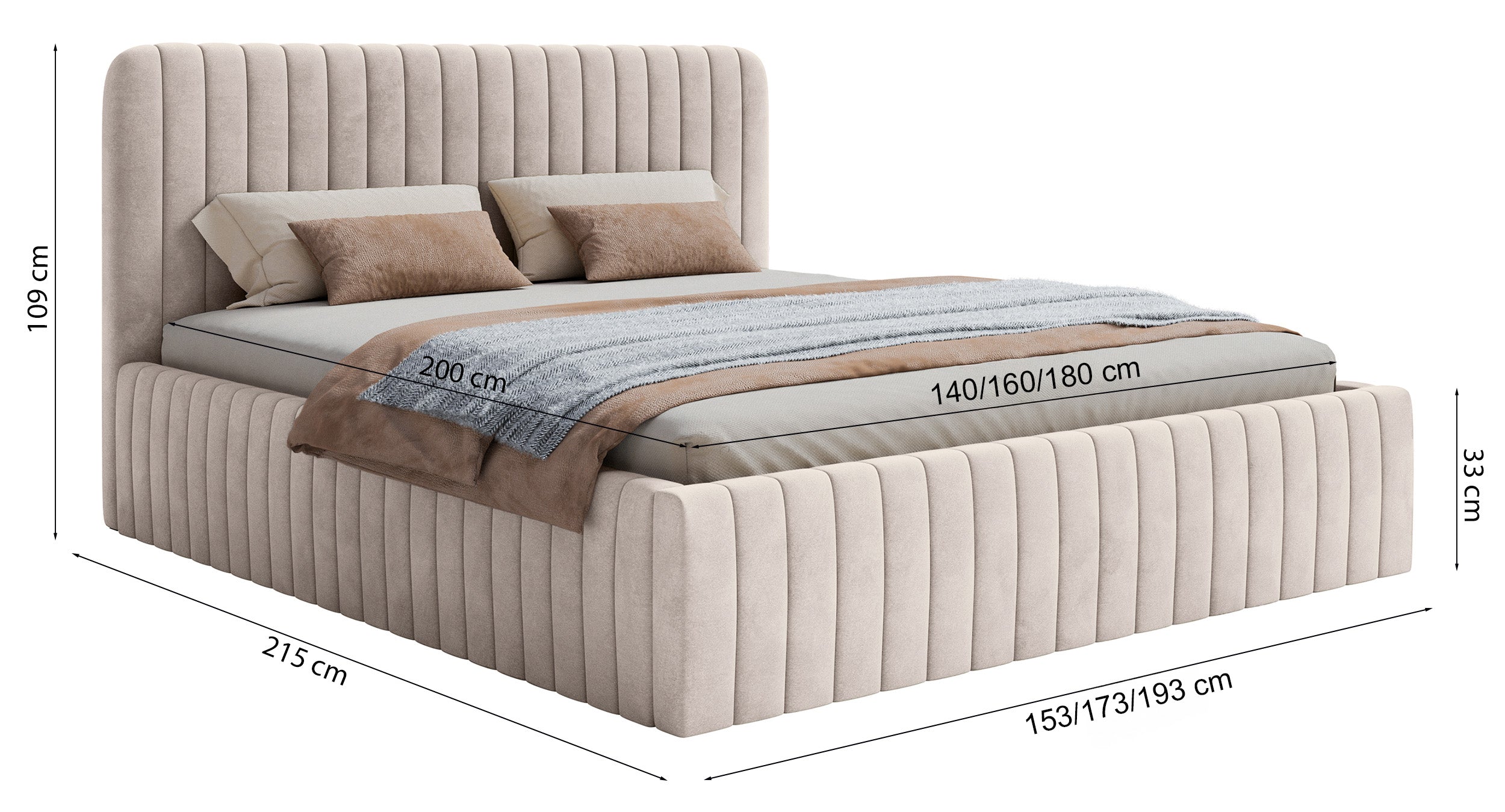 Polsterbett 180x200 cm Saliano mit Stauraum, grau-beiges Velours, wasserabweisend