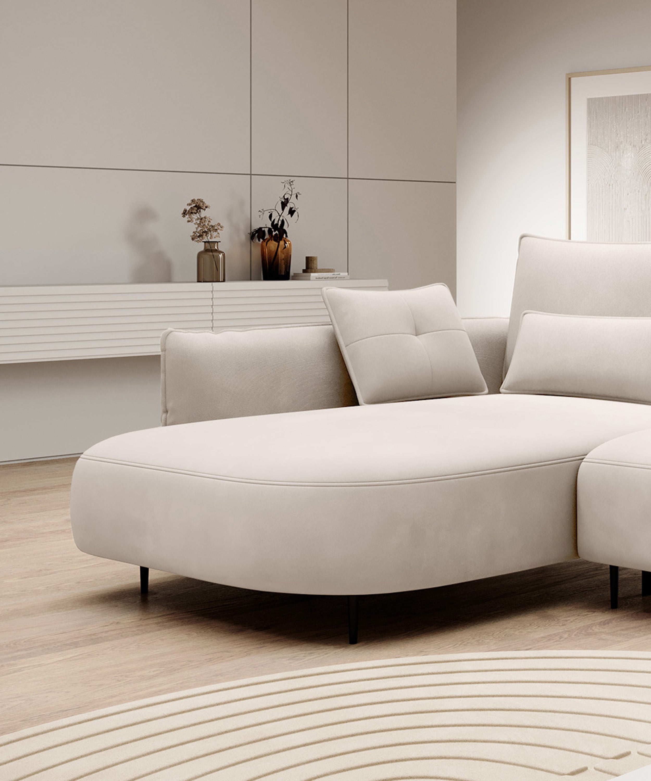 Ecksofa Oblivio mit Schlaffunktion, L-förmig, mit Stauraum, cremefarbener Samt, linksseitig, wasserabweisend
