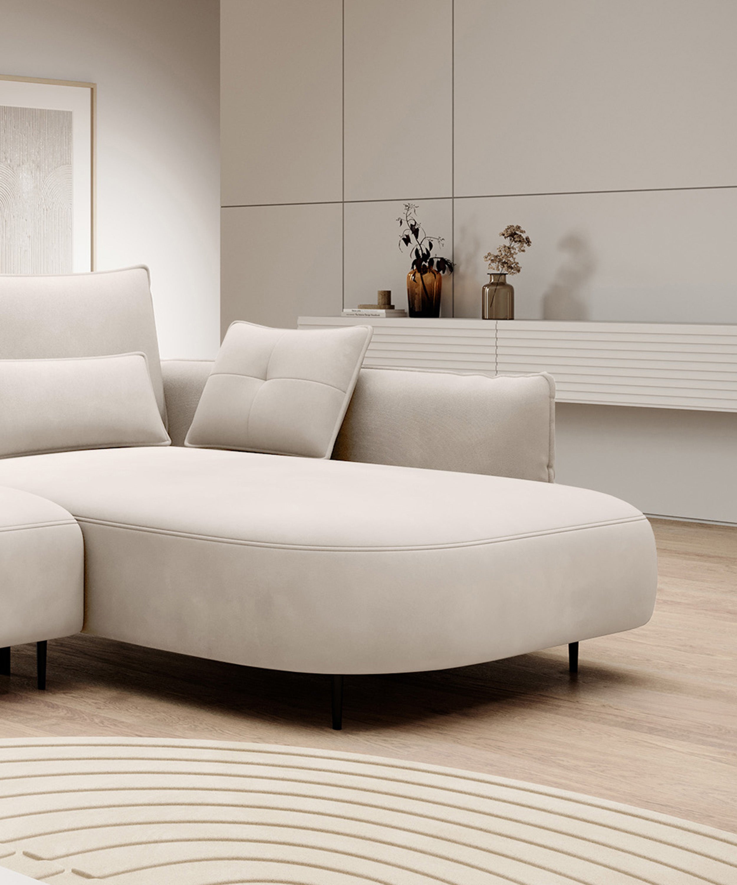 Ecksofa Oblivio mit Schlaffunktion, L-förmig, mit Stauraum, cremefarbener Samt, rechtsseitig, wasserabweisend