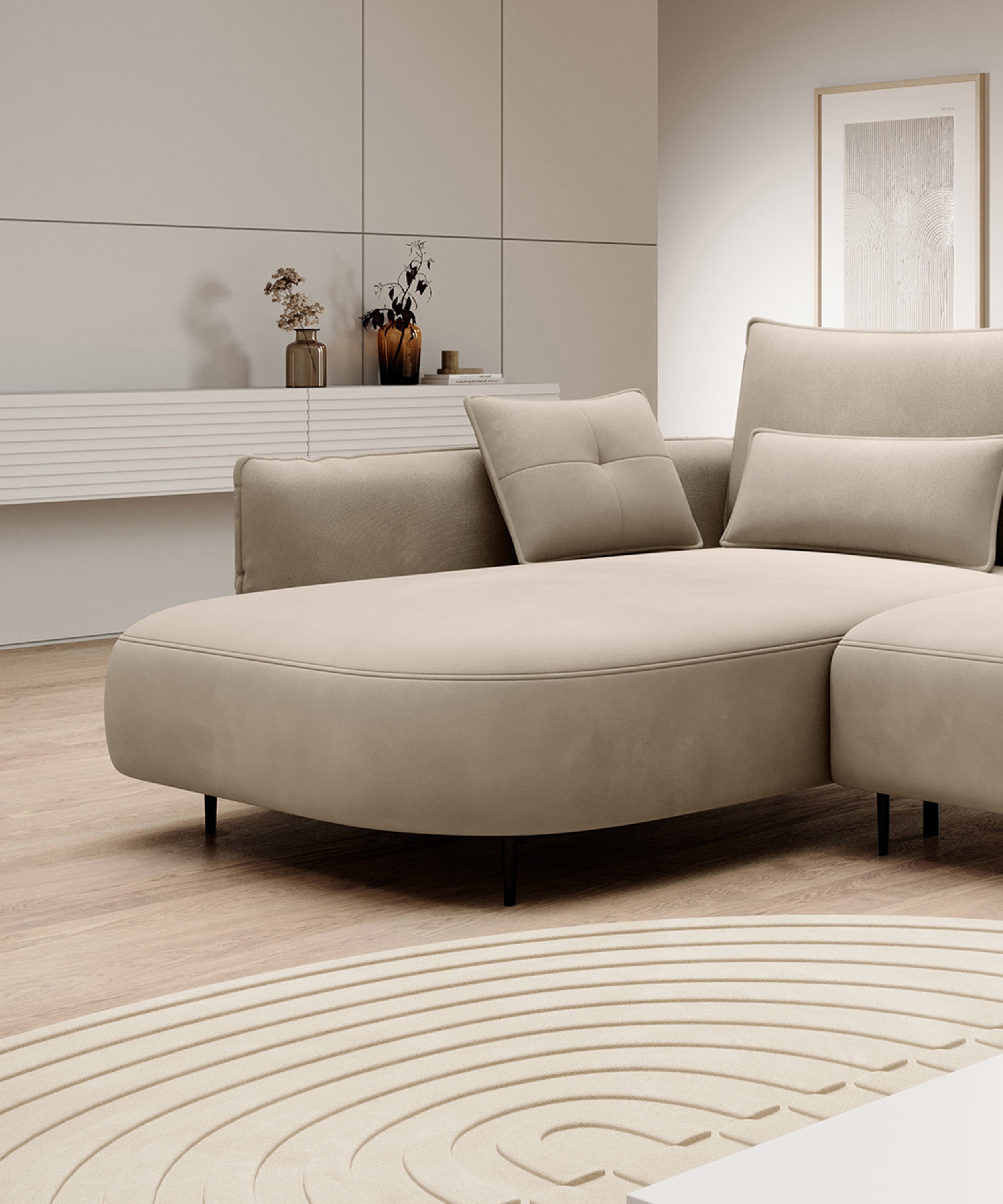 Ecksofa Oblivio mit Schlaffunktion, L-förmig, mit Stauraum, hellbeiger Samt, linksseitig, wasserabweisend