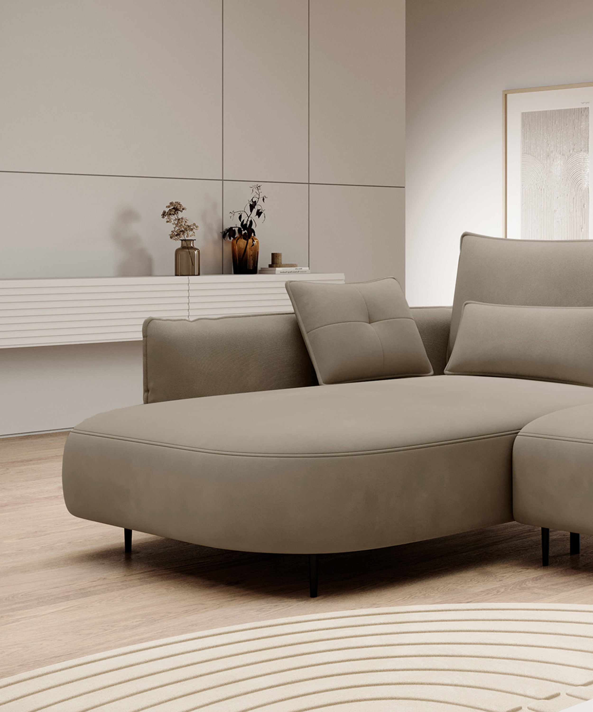 Ecksofa Oblivio mit Schlaffunktion, L-förmig, mit Stauraum, hellbraunes Samt, linksseitig, wasserabweisend