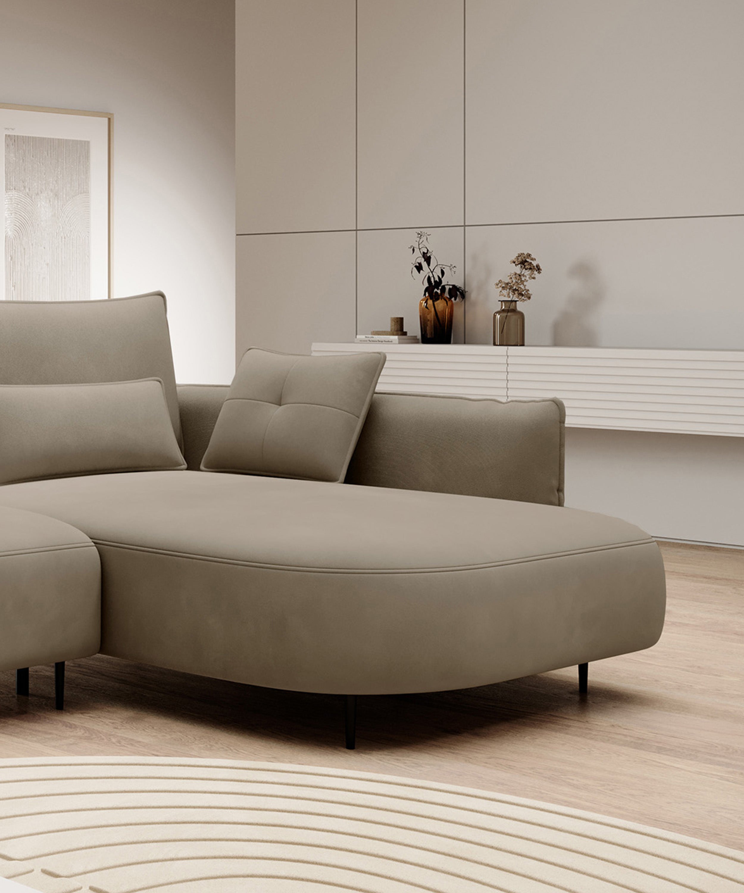 Ecksofa Oblivio mit Schlaffunktion, L-förmig, mit Stauraum, hellbraunes Samt, rechtsseitig, wasserabweisend