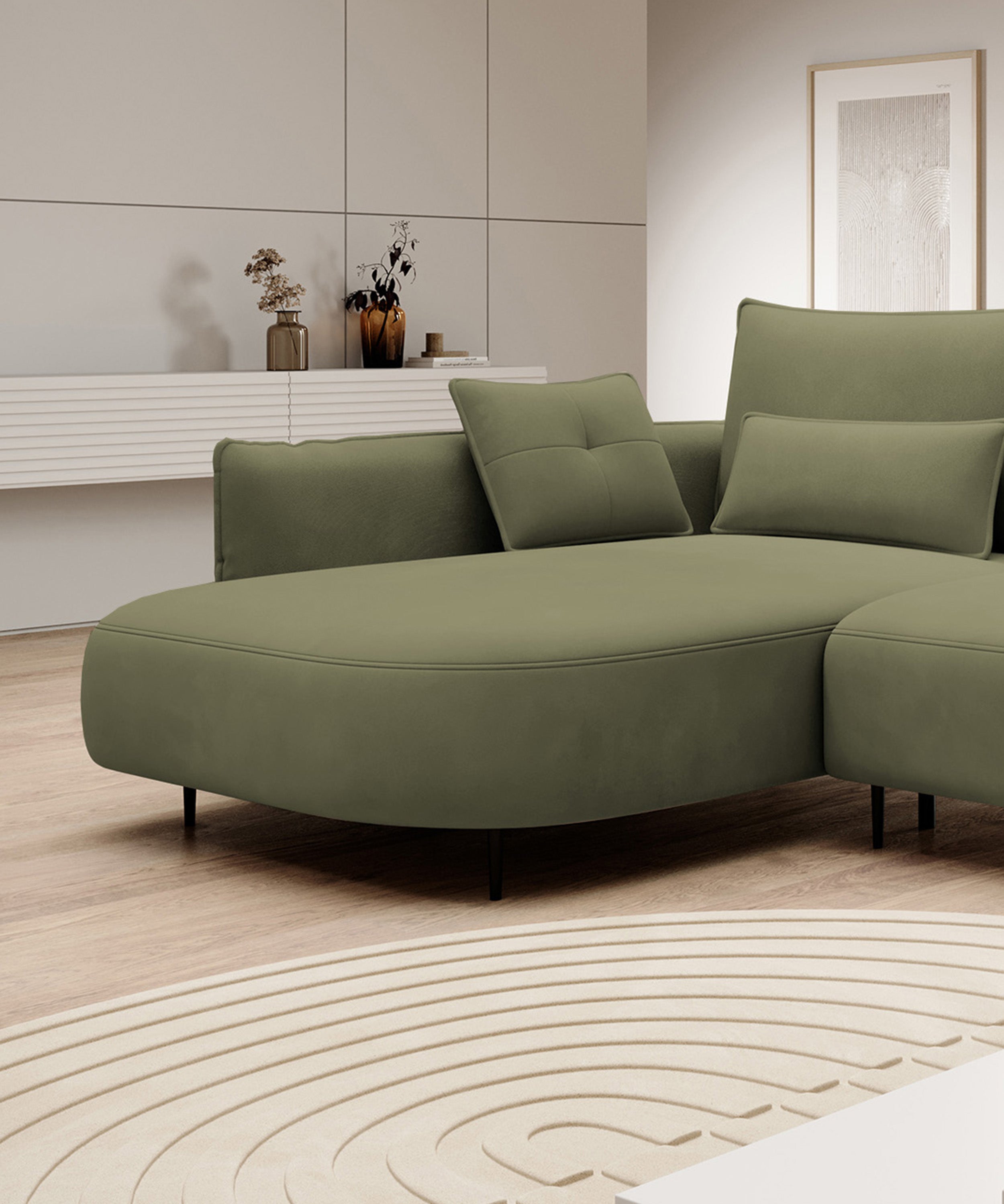 Ecksofa Oblivio mit Schlafunktion, L-förmig, mit Stauraum, olivgrüner Samt, linksseitig, wasserabweisend