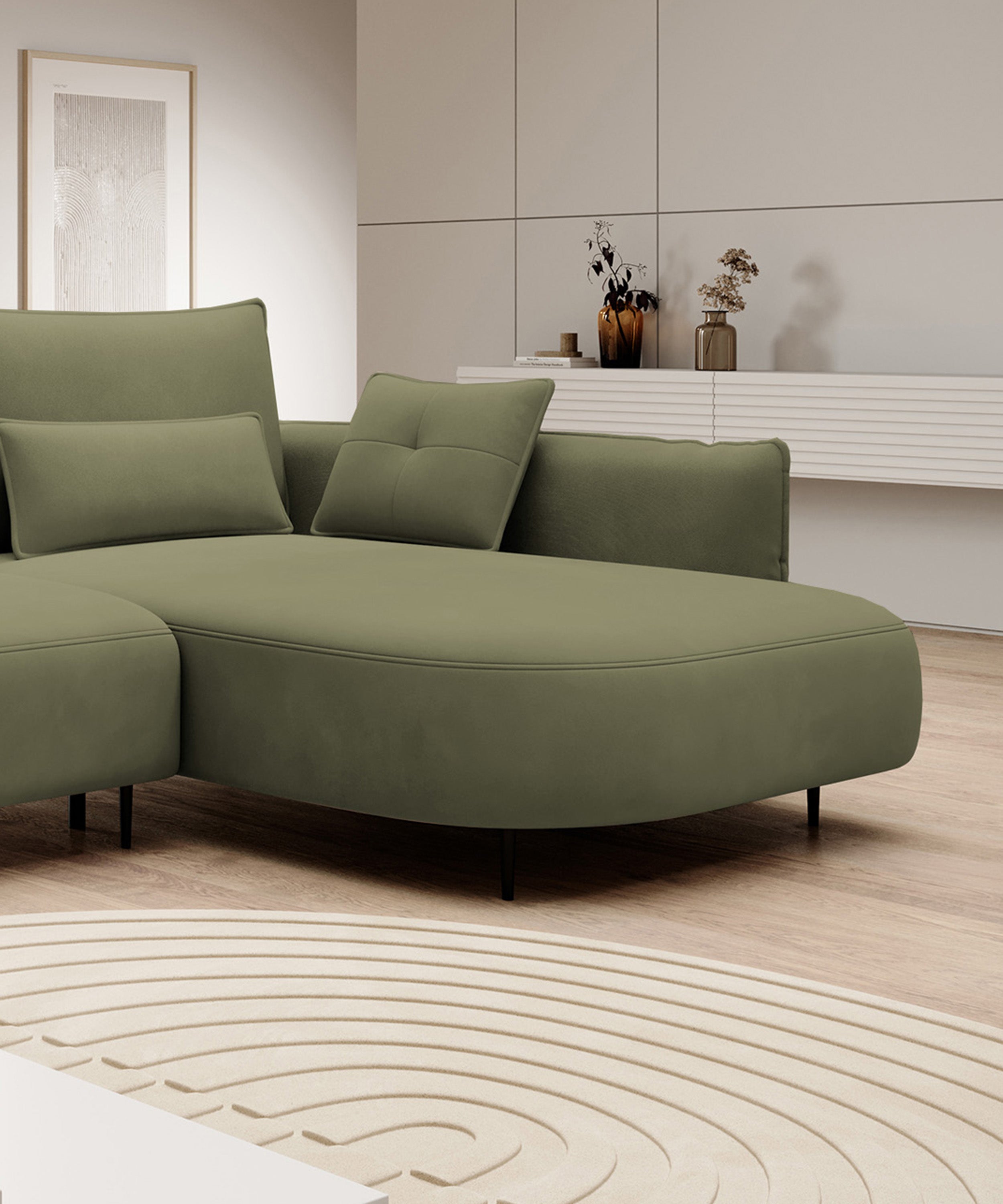 Ecksofa Oblivio mit Schlaf-Funktion, L-förmig, mit Stauraum, olivgrüner Samt, rechtsseitig, wasserabweisend