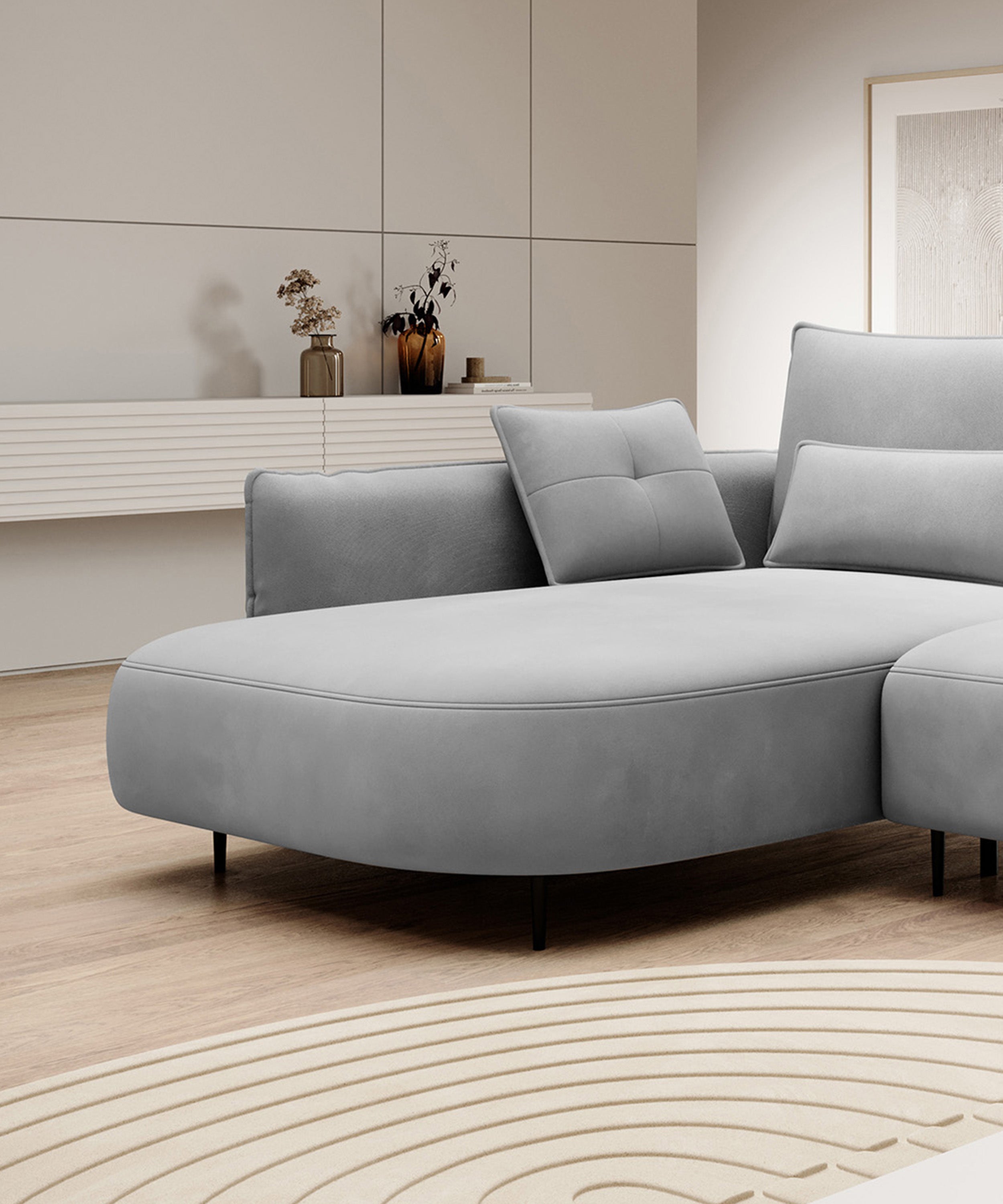 Ecksofa Oblivio mit Schlaffunktion, L-förmig, mit Stauraum, grauer Samt, linksseitig, wasserabweisend