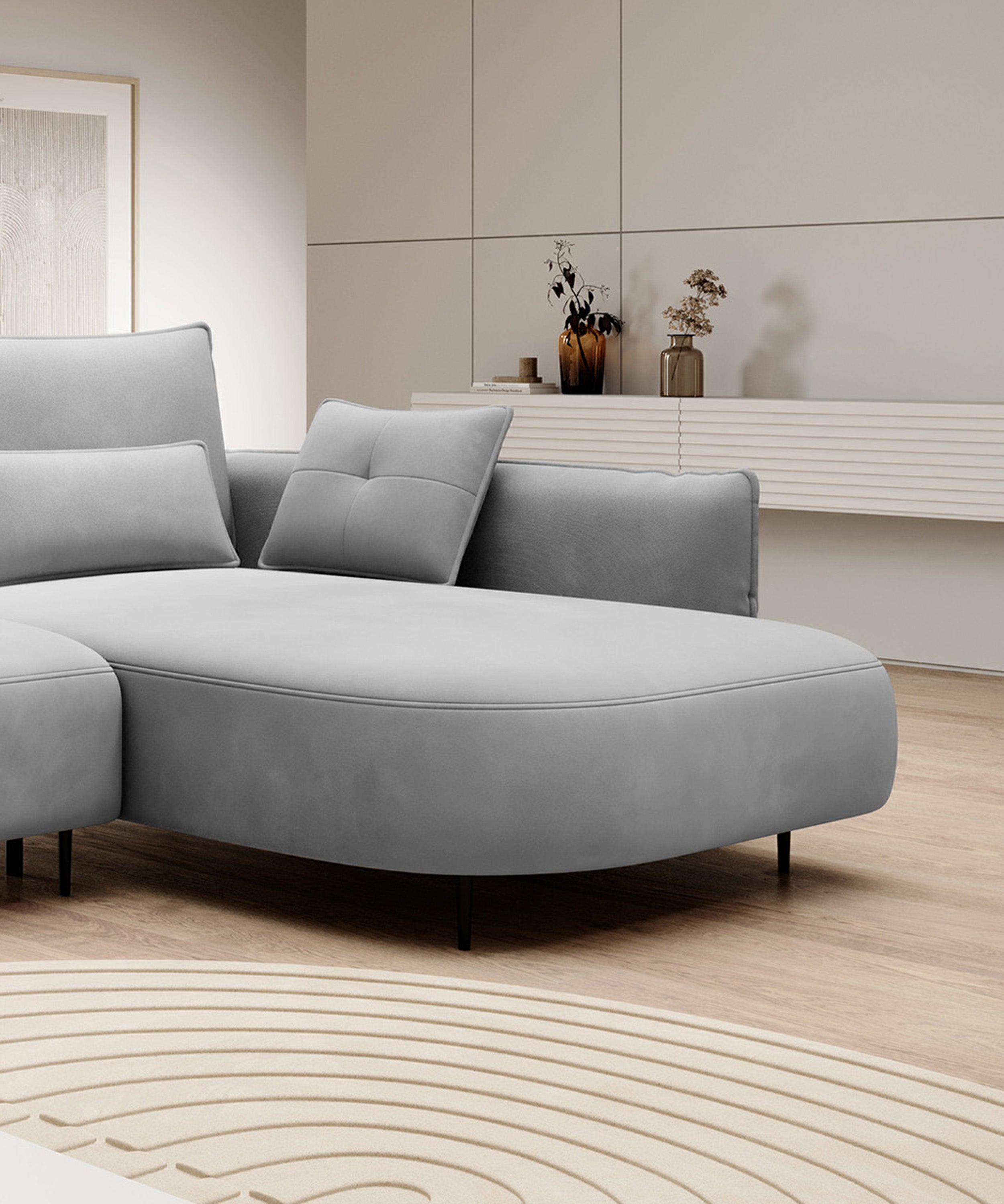 Ecksofa Oblivio mit Schlaffunktion, L-förmig, mit Stauraum, grauer Samt, rechtsseitig, wasserabweisend