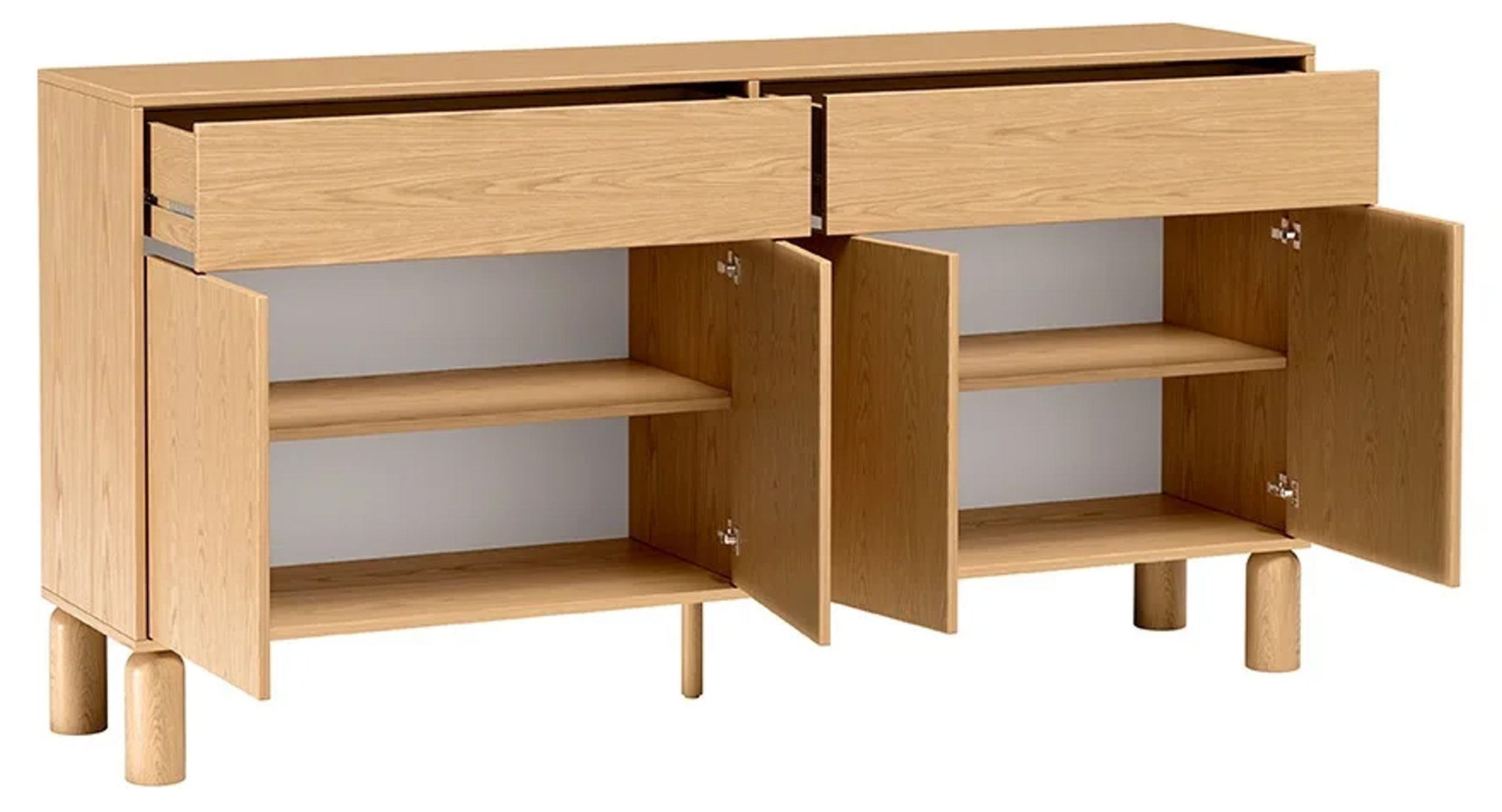 Vier­türige Kommode Sanden mit zwei Schubladen, 180 cm, Eiche Bookmatch