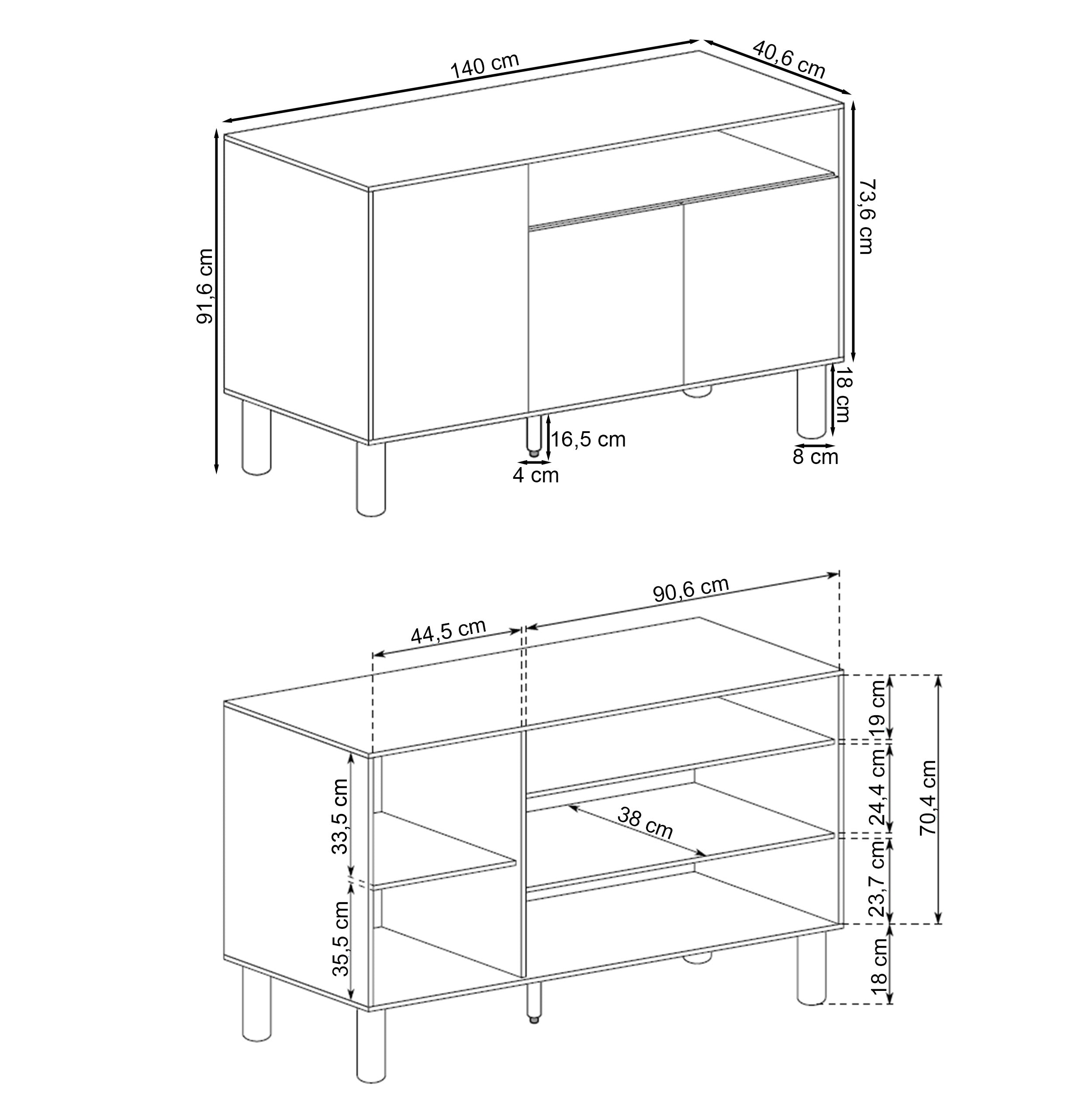 Drehtür-Kommode Sanden mit Nische 140 cm Eiche Bookmatch
