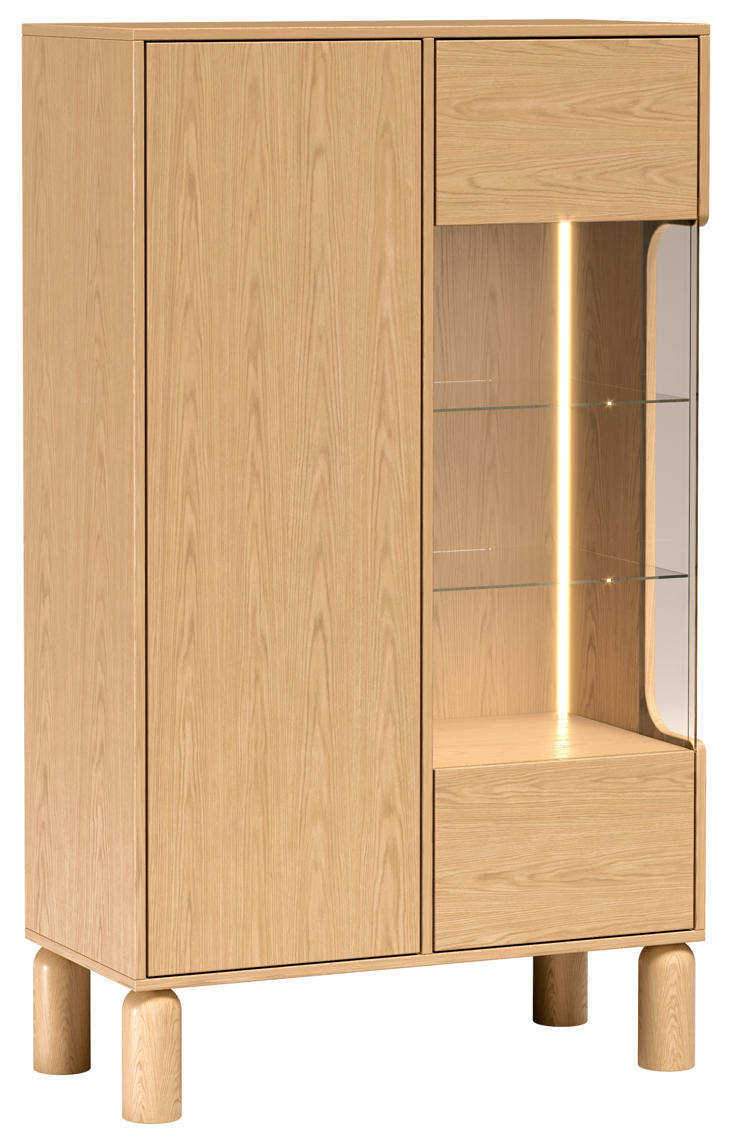 Zweiflügelige Sanden-Vitrine mit LED-Beleuchtung, 89 cm, Eiche Bookmatch