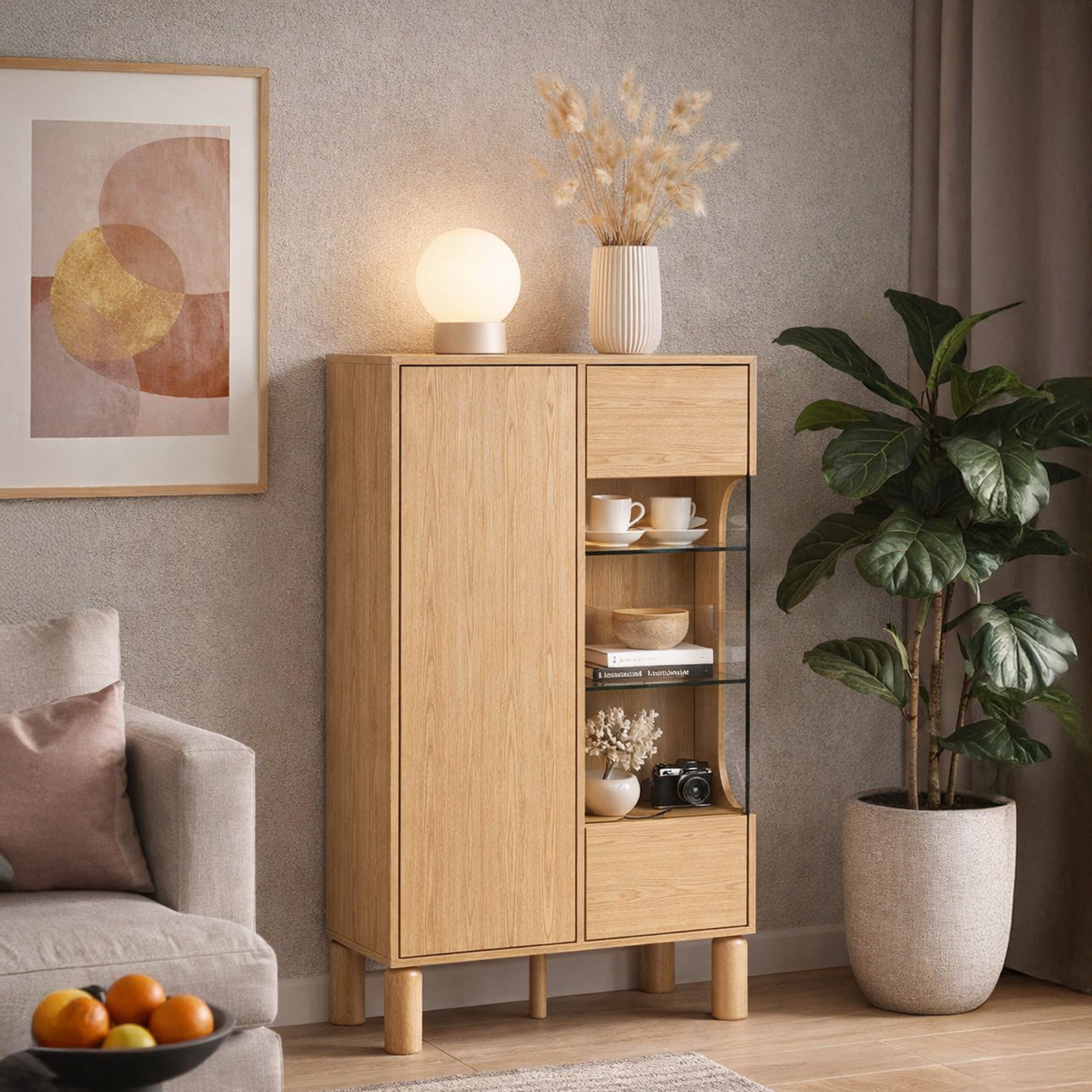 Zweiflügelige Sanden-Vitrine mit LED-Beleuchtung, 89 cm, Eiche Bookmatch