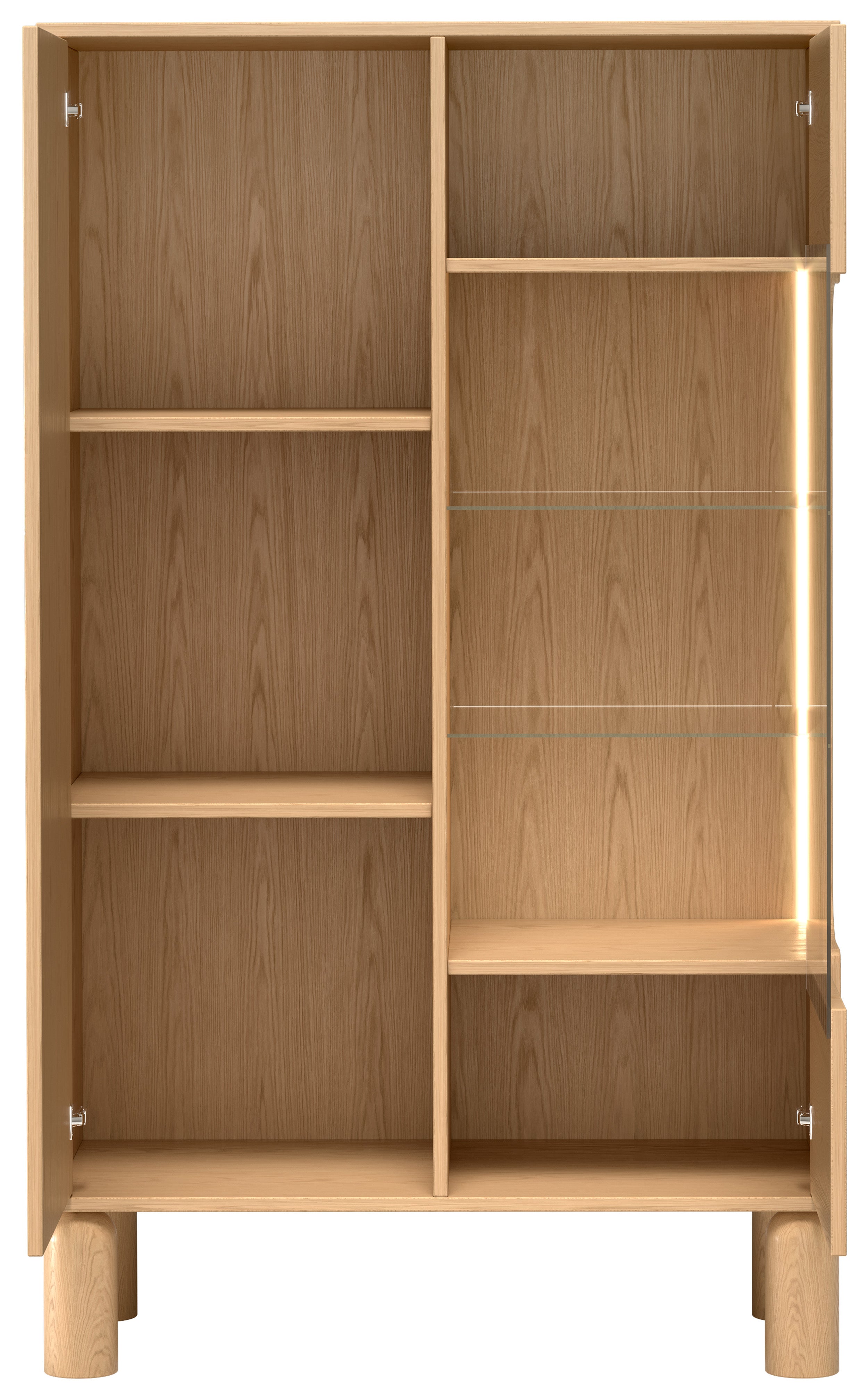 Zweiflügelige Sanden-Vitrine mit LED-Beleuchtung, 89 cm, Eiche Bookmatch