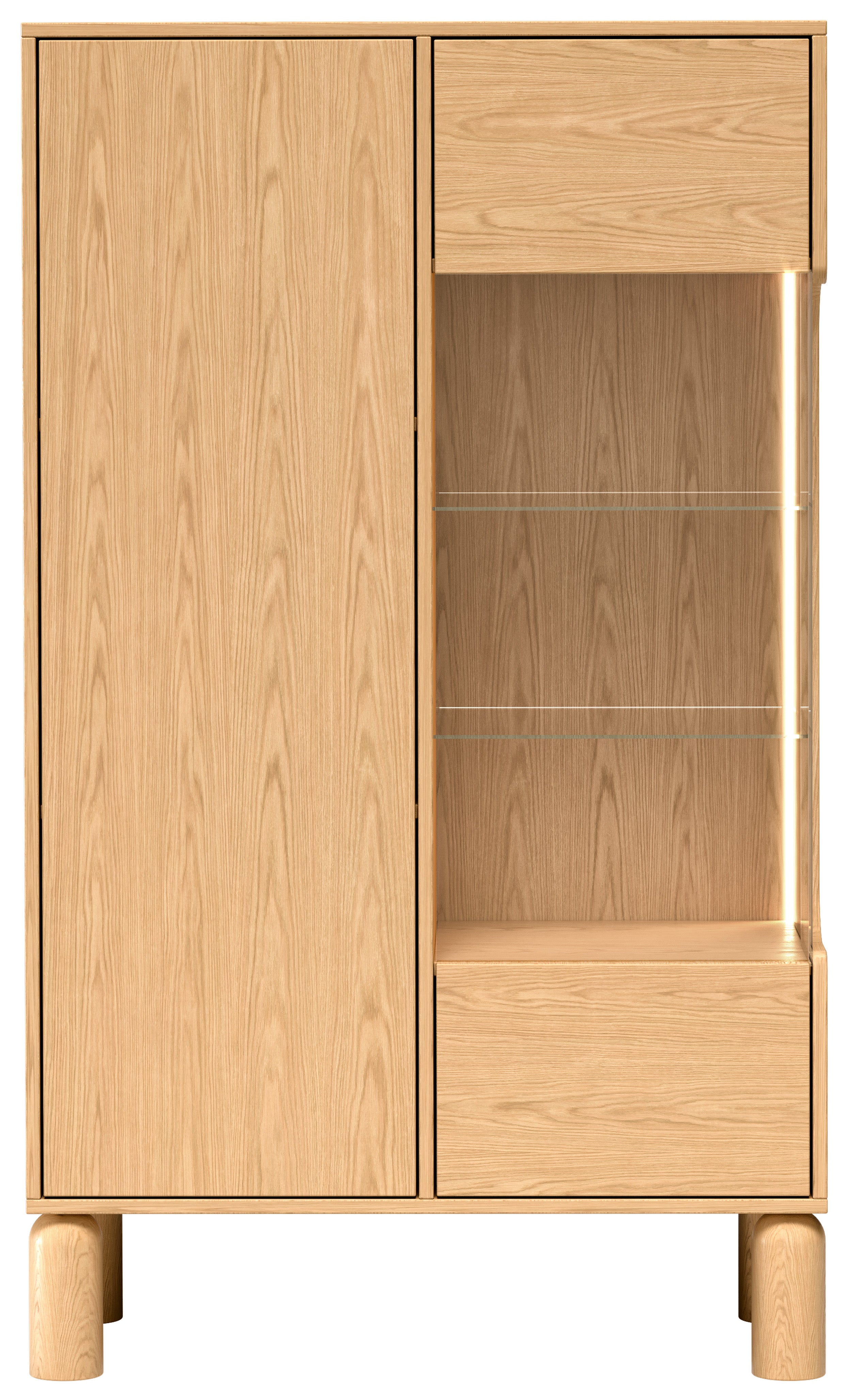 Zweiflügelige Sanden-Vitrine mit LED-Beleuchtung, 89 cm, Eiche Bookmatch