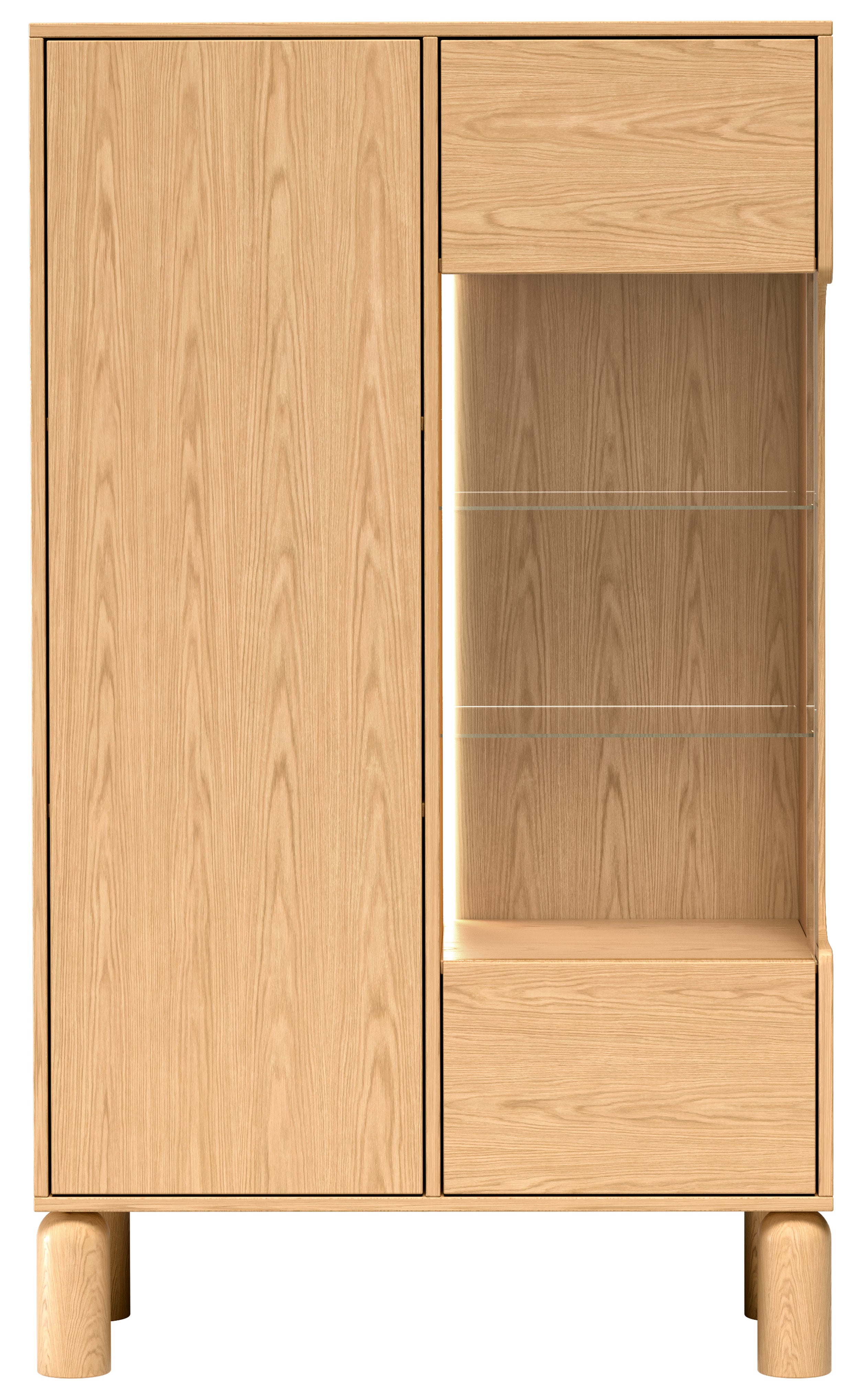 Zweiflügelige Sanden-Vitrine mit LED-Beleuchtung, 89 cm, Eiche Bookmatch