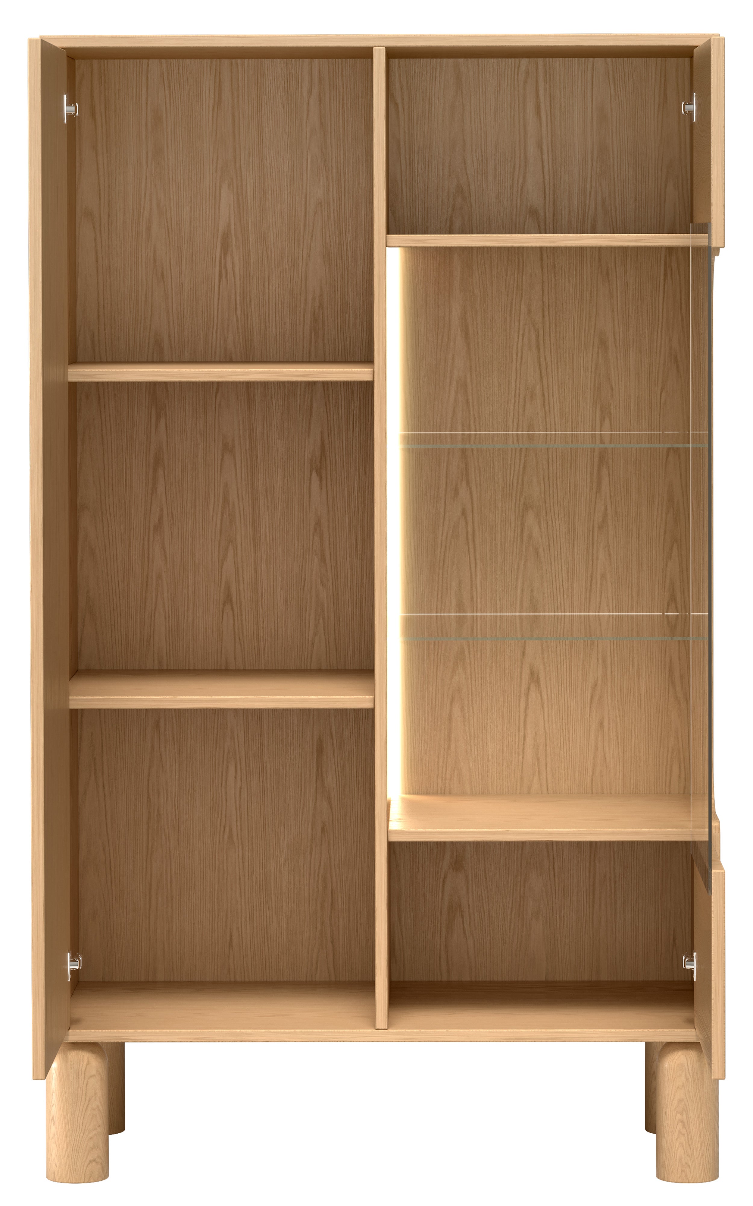Zweiflügelige Sanden-Vitrine mit LED-Beleuchtung, 89 cm, Eiche Bookmatch