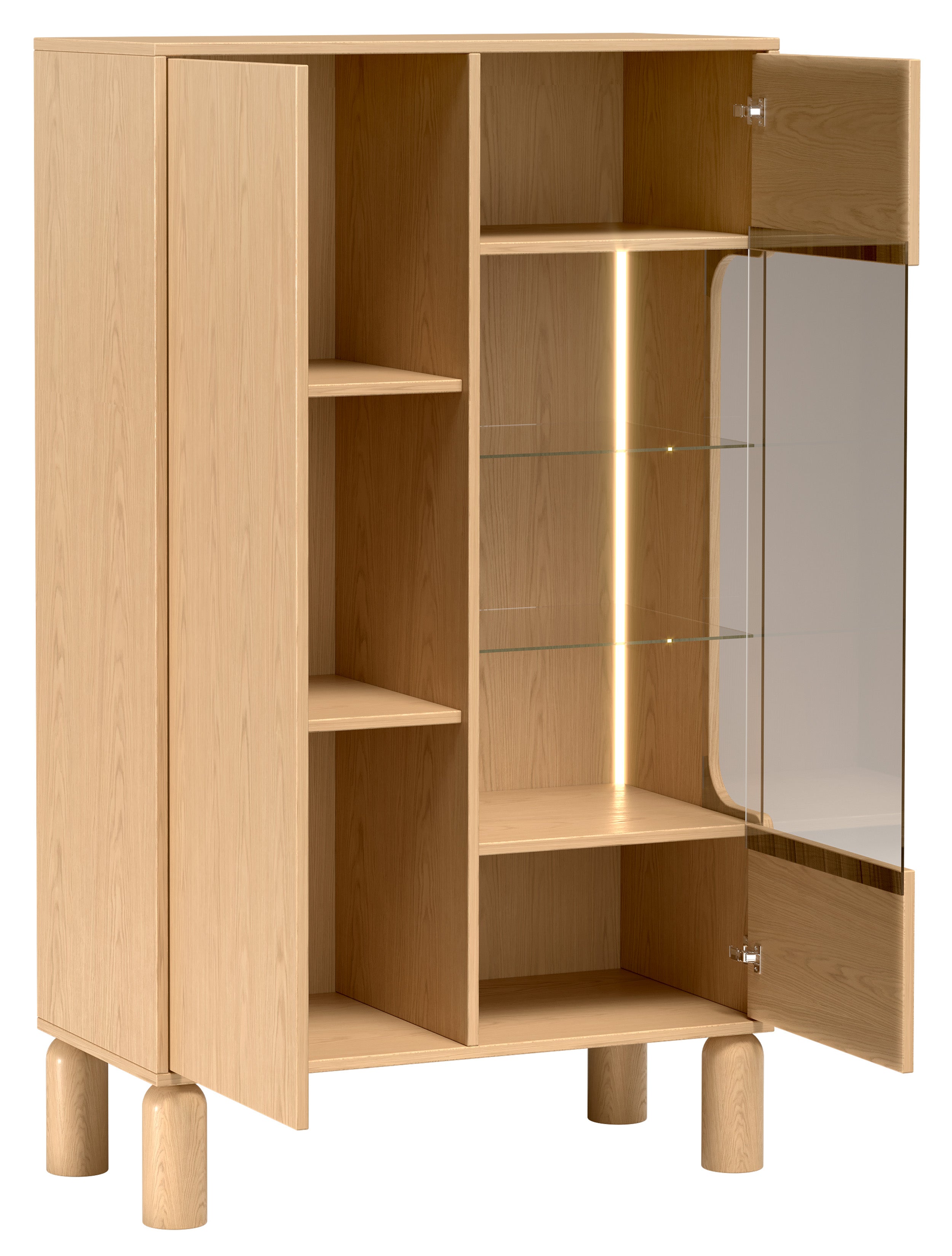 Zweiflügelige Sanden-Vitrine mit LED-Beleuchtung, 89 cm, Eiche Bookmatch