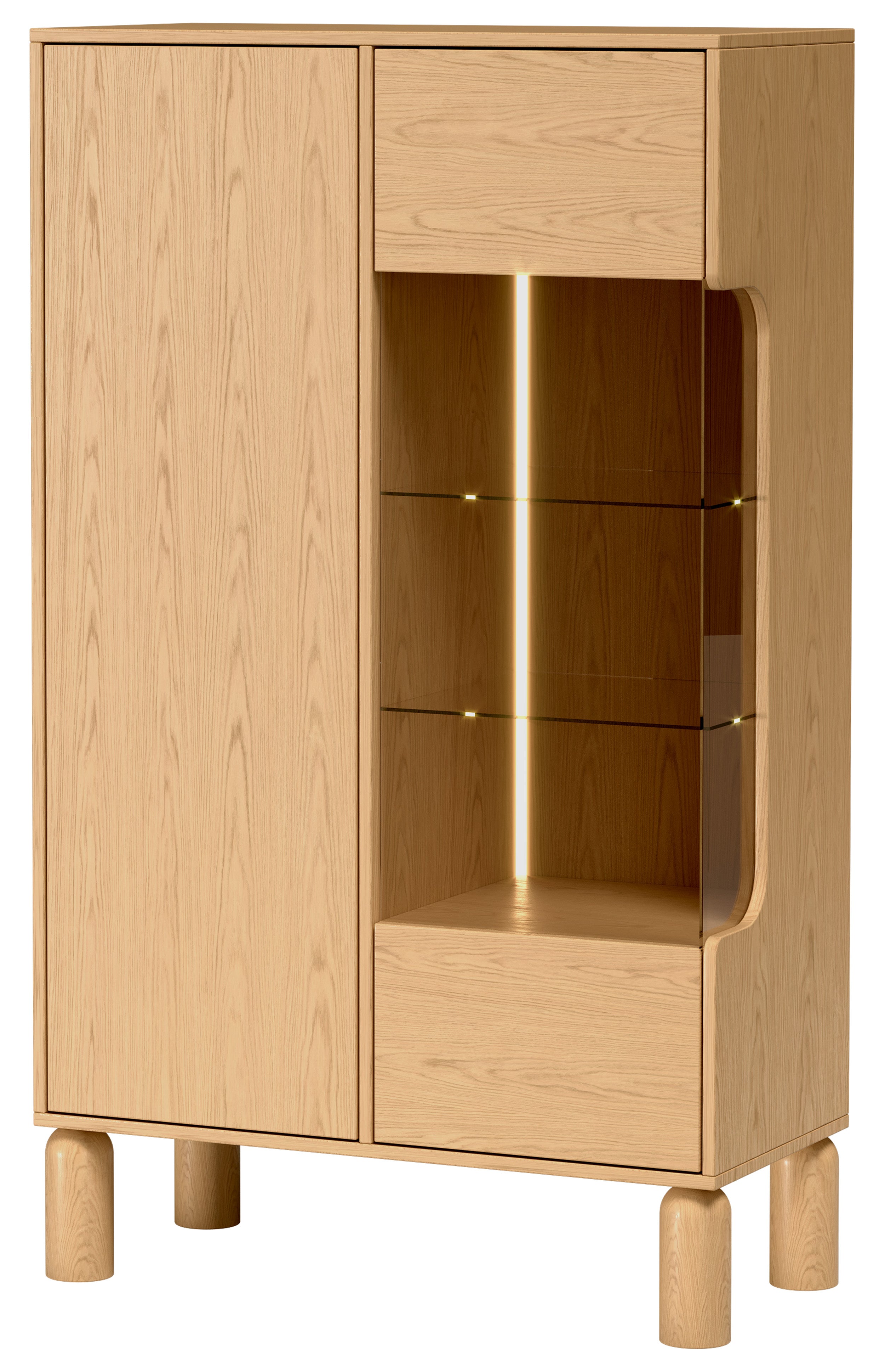 Zweiflügelige Sanden-Vitrine mit LED-Beleuchtung, 89 cm, Eiche Bookmatch