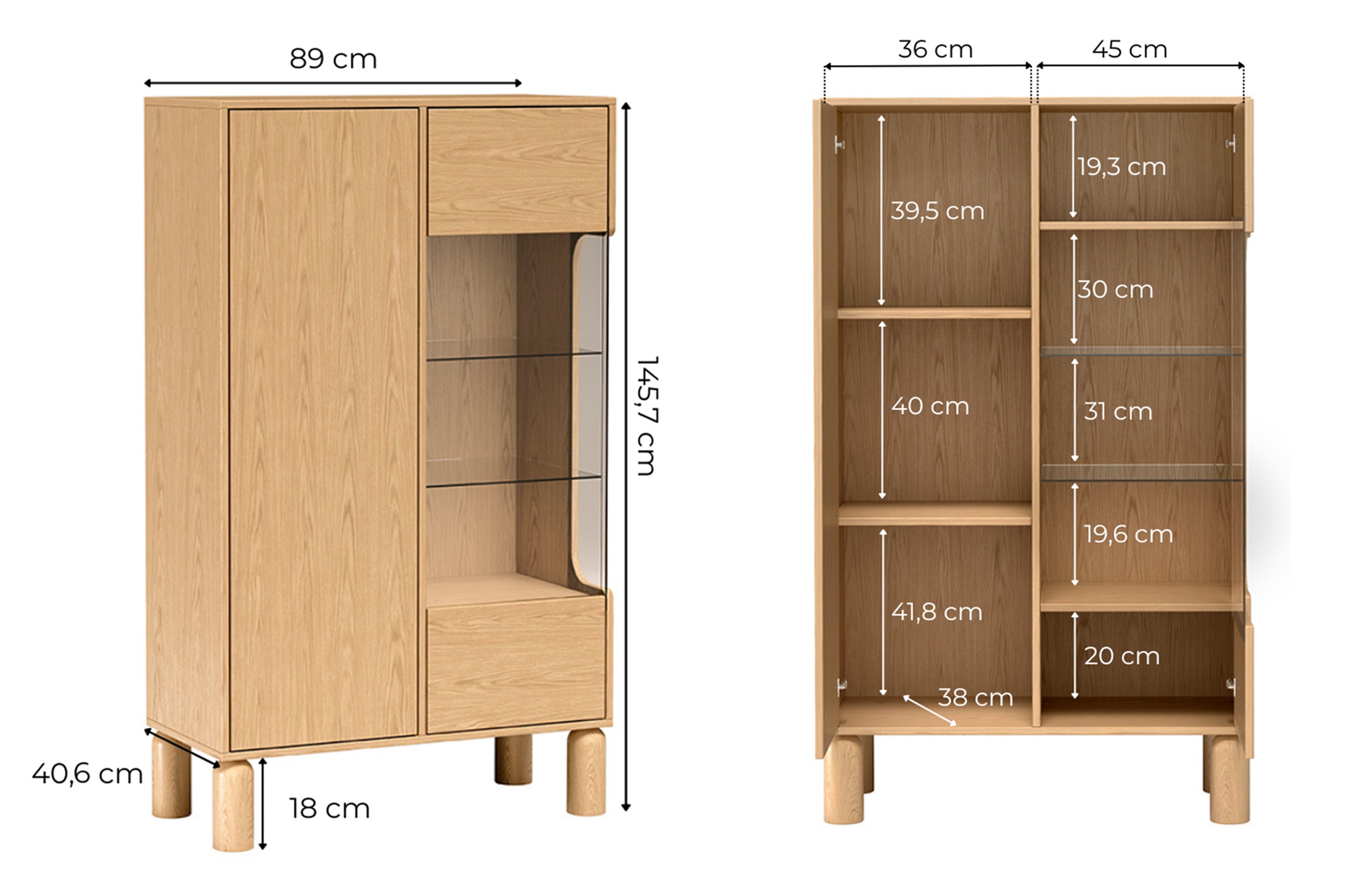 Zweiflügelige Sanden-Vitrine mit LED-Beleuchtung, 89 cm, Eiche Bookmatch