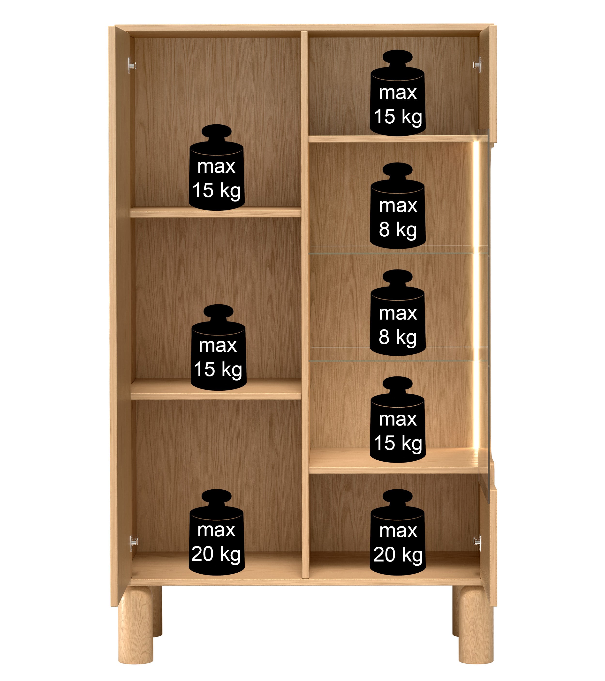 Zweiflügelige Sanden-Vitrine mit LED-Beleuchtung, 89 cm, Eiche Bookmatch