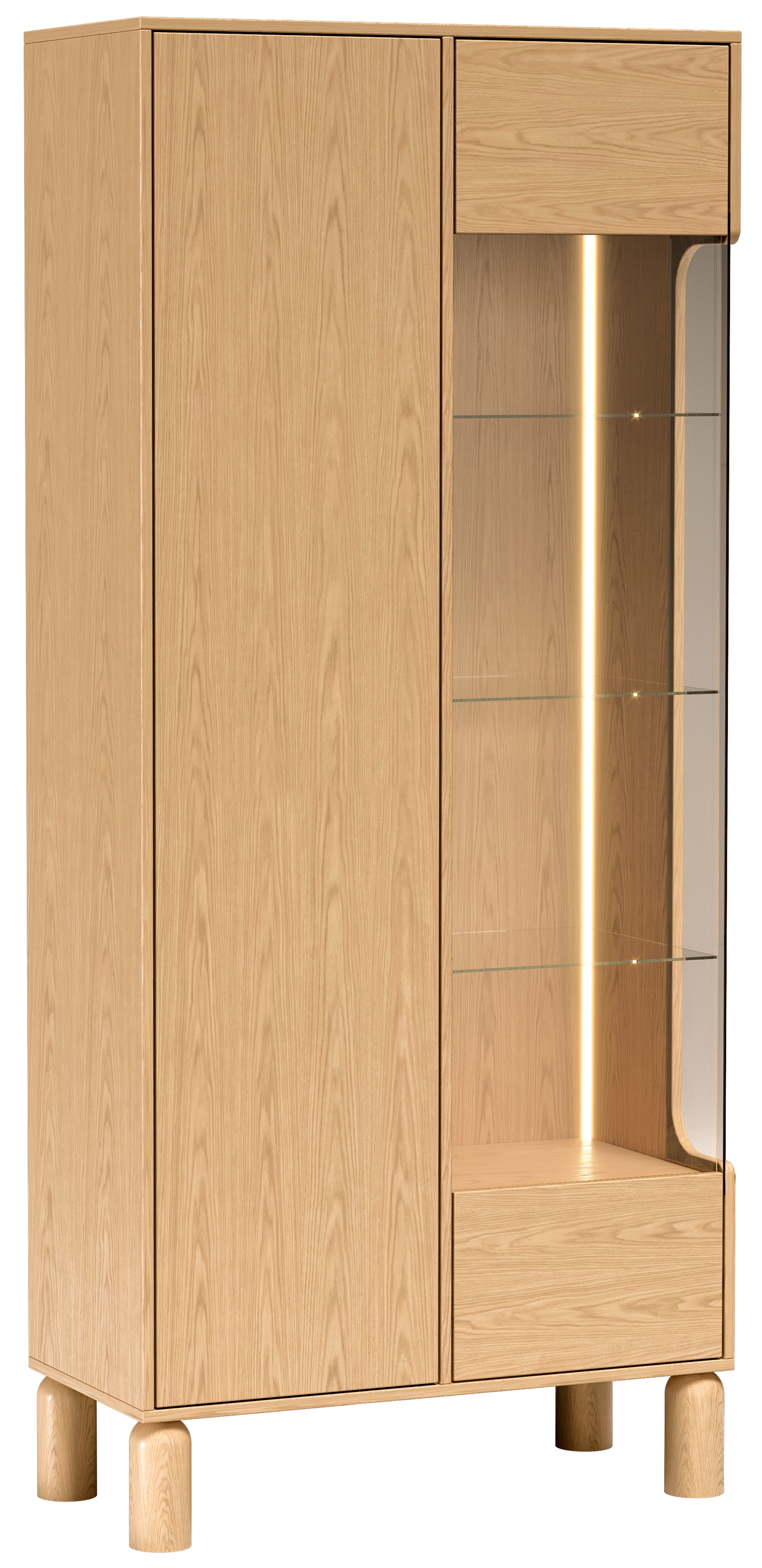 Zweiflügelige Sanden-Vitrine hoch mit LED-Beleuchtung 89 cm Eiche Bookmatch