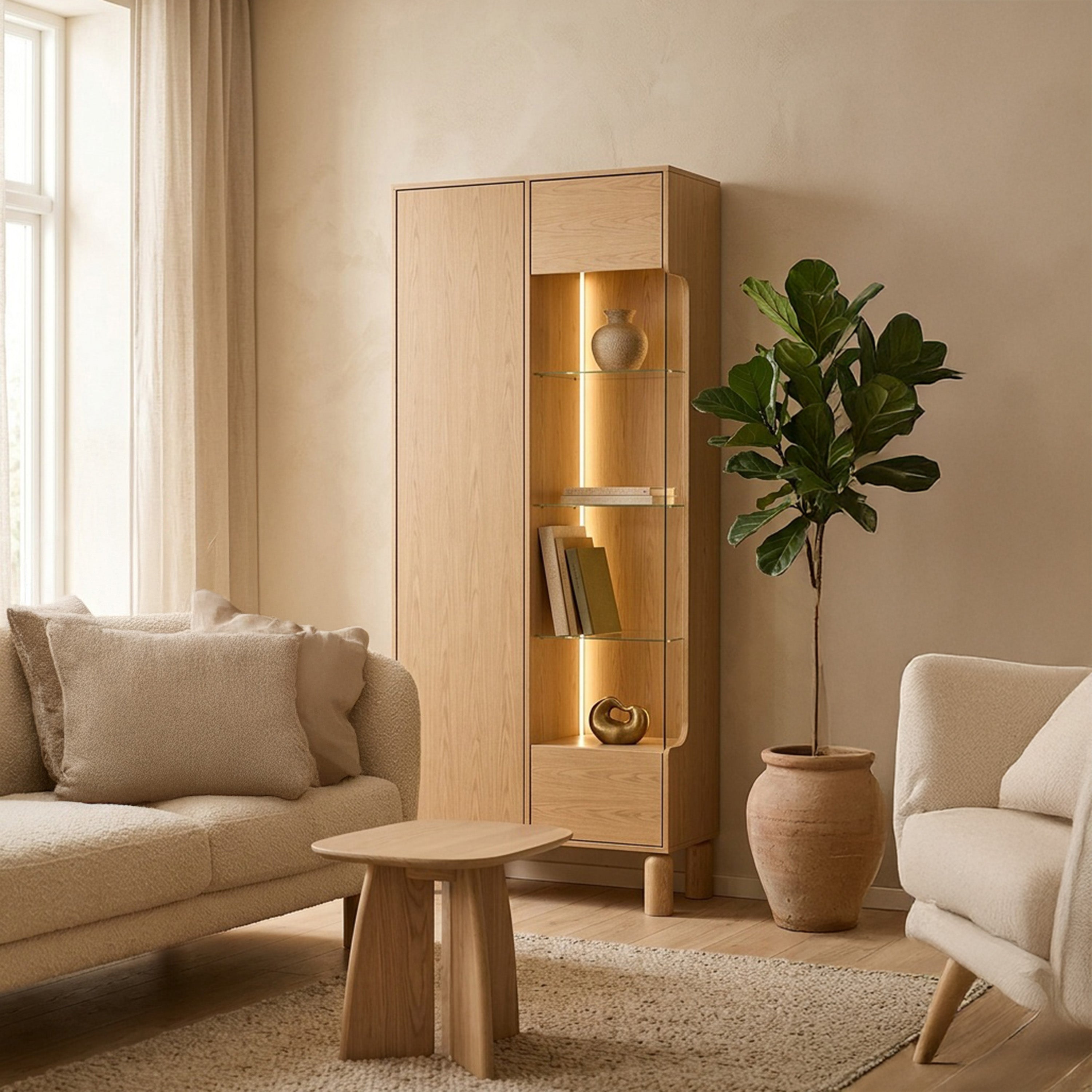 Zweiflügelige Sanden-Vitrine hoch mit LED-Beleuchtung 89 cm Eiche Bookmatch