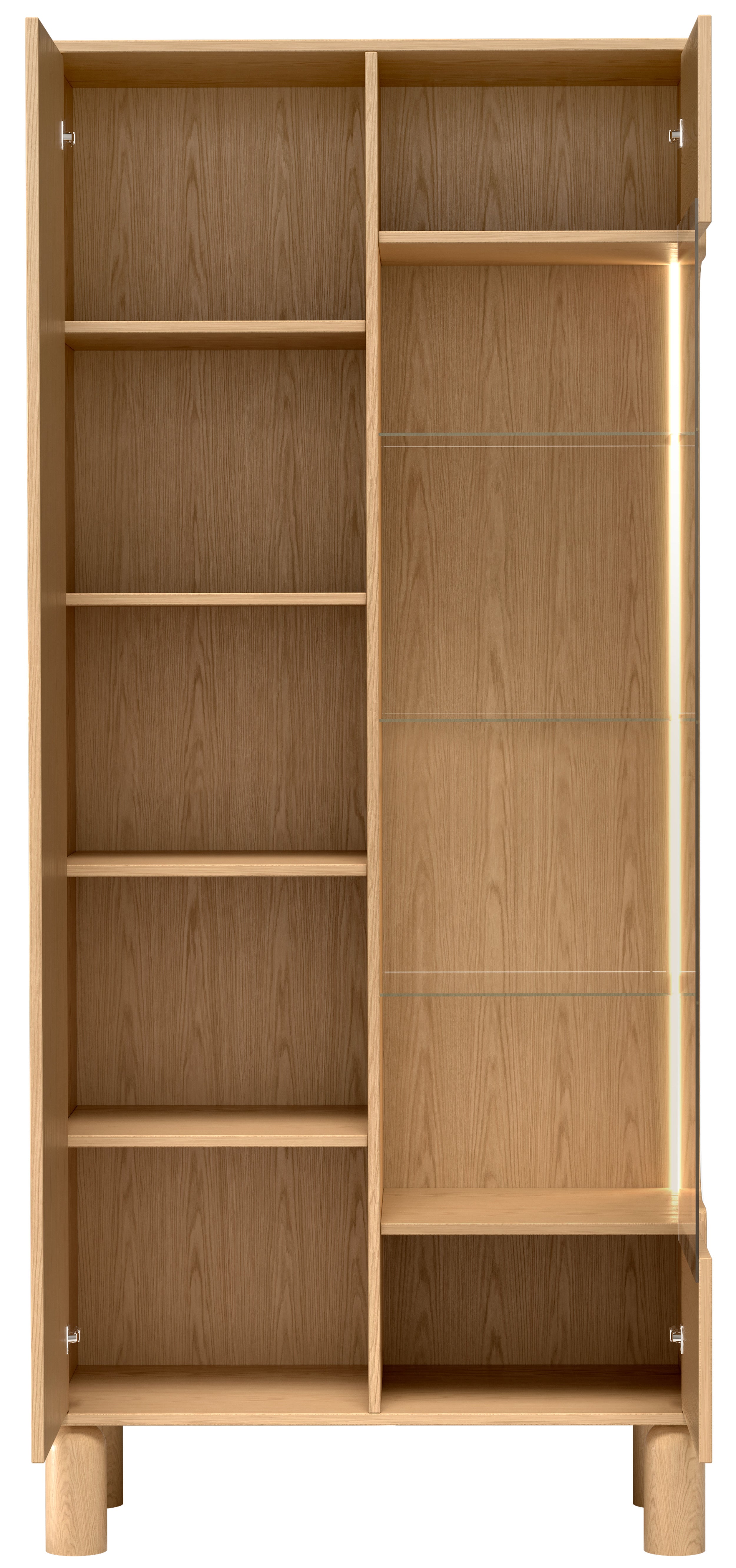 Zweiflügelige Sanden-Vitrine hoch mit LED-Beleuchtung 89 cm Eiche Bookmatch