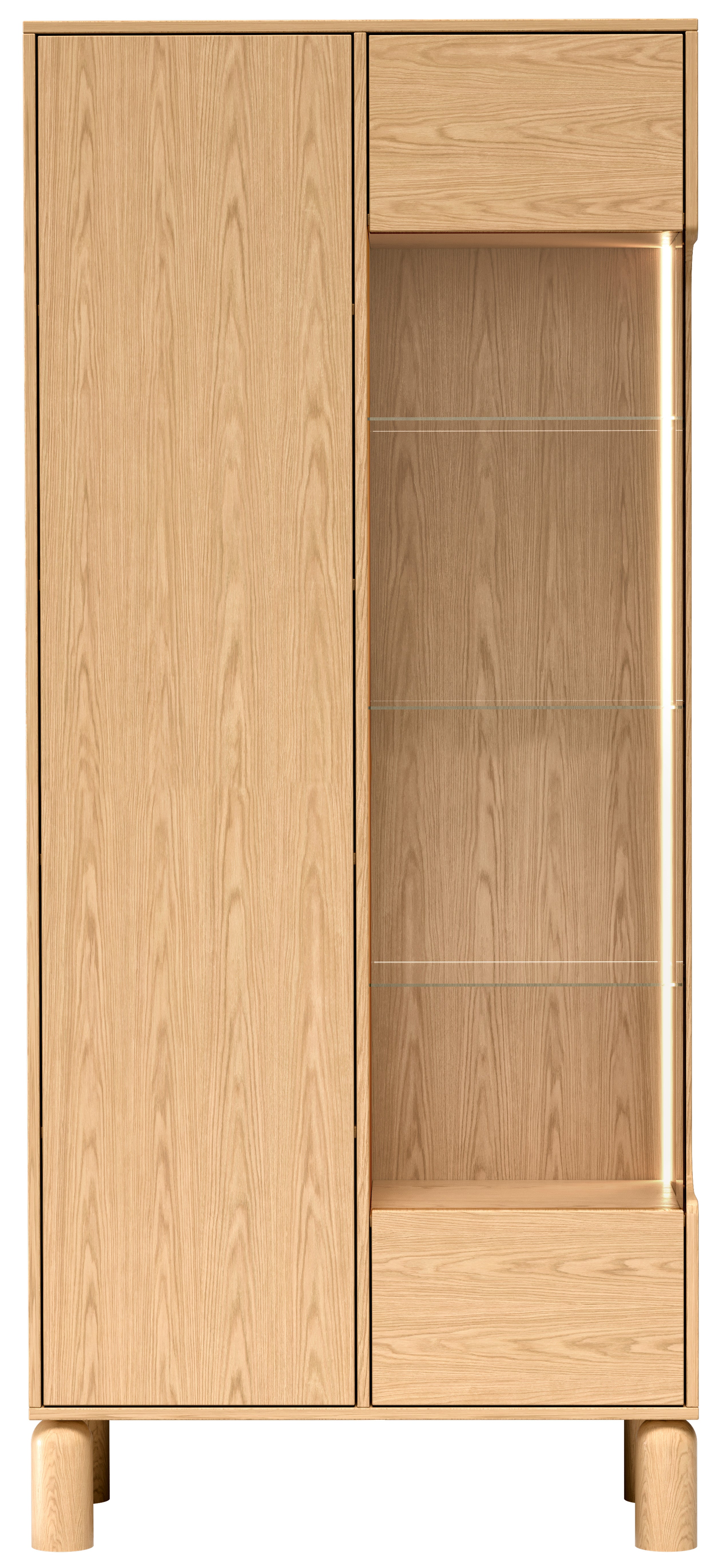 Zweiflügelige Sanden-Vitrine hoch mit LED-Beleuchtung 89 cm Eiche Bookmatch