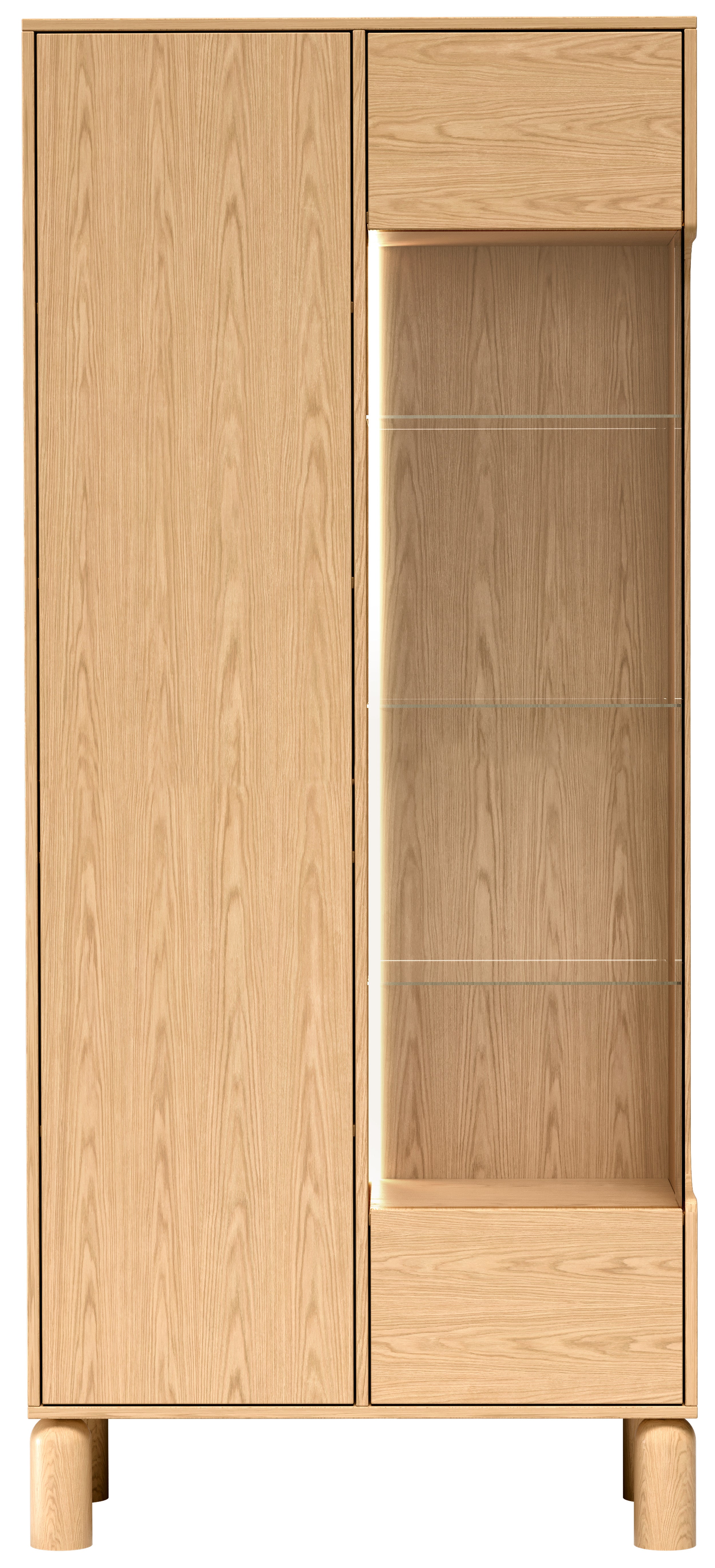 Zweiflügelige Sanden-Vitrine hoch mit LED-Beleuchtung 89 cm Eiche Bookmatch