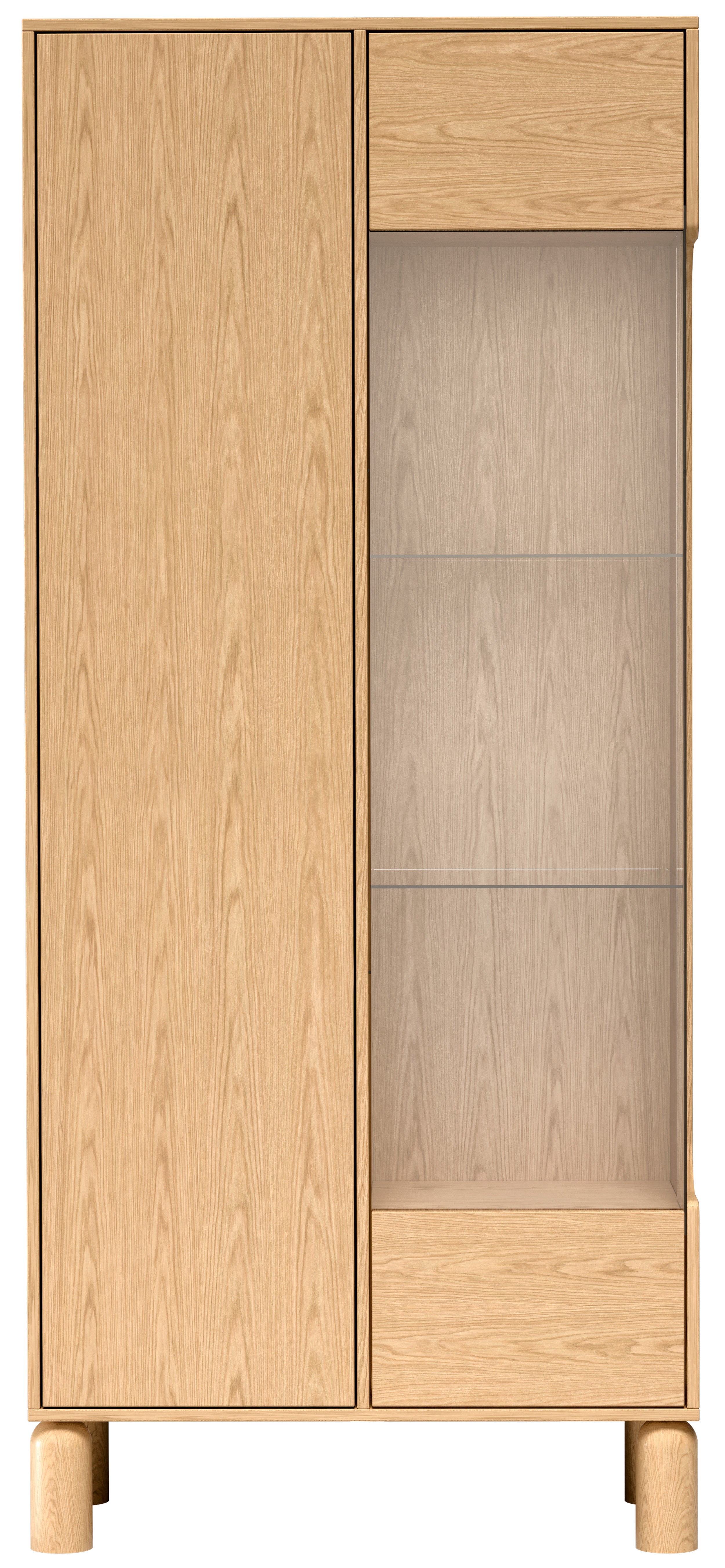 Zweiflügelige Sanden-Vitrine hoch mit LED-Beleuchtung 89 cm Eiche Bookmatch