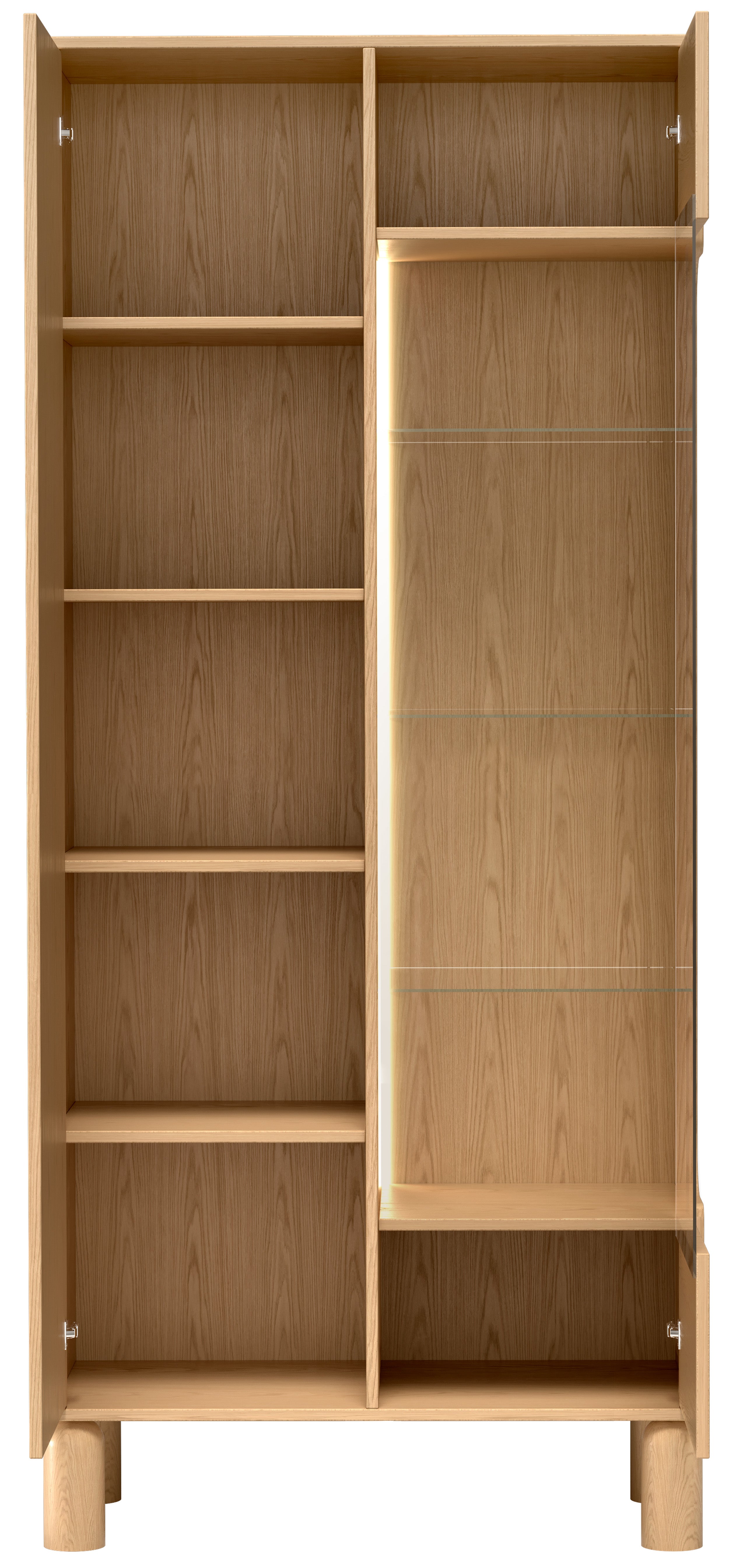 Zweiflügelige Sanden-Vitrine hoch mit LED-Beleuchtung 89 cm Eiche Bookmatch