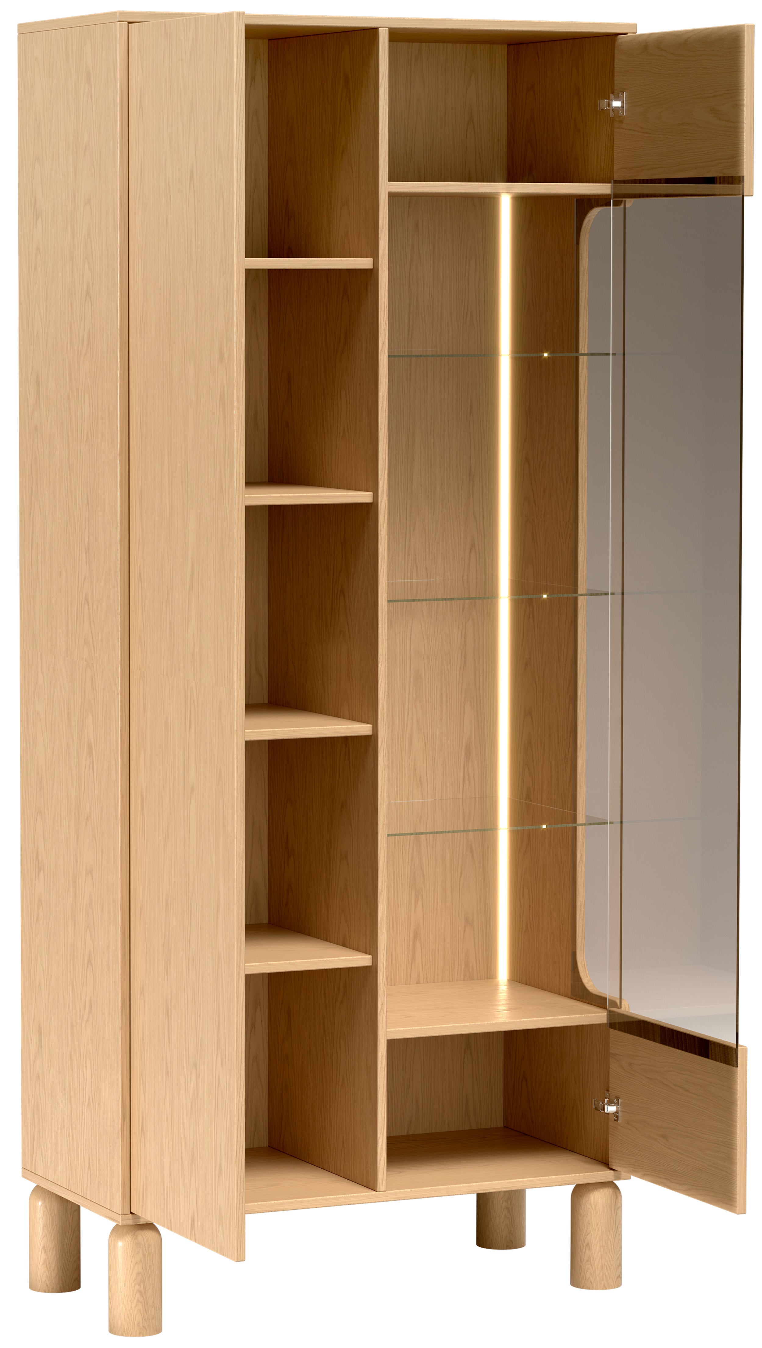 Zweiflügelige Sanden-Vitrine hoch mit LED-Beleuchtung 89 cm Eiche Bookmatch