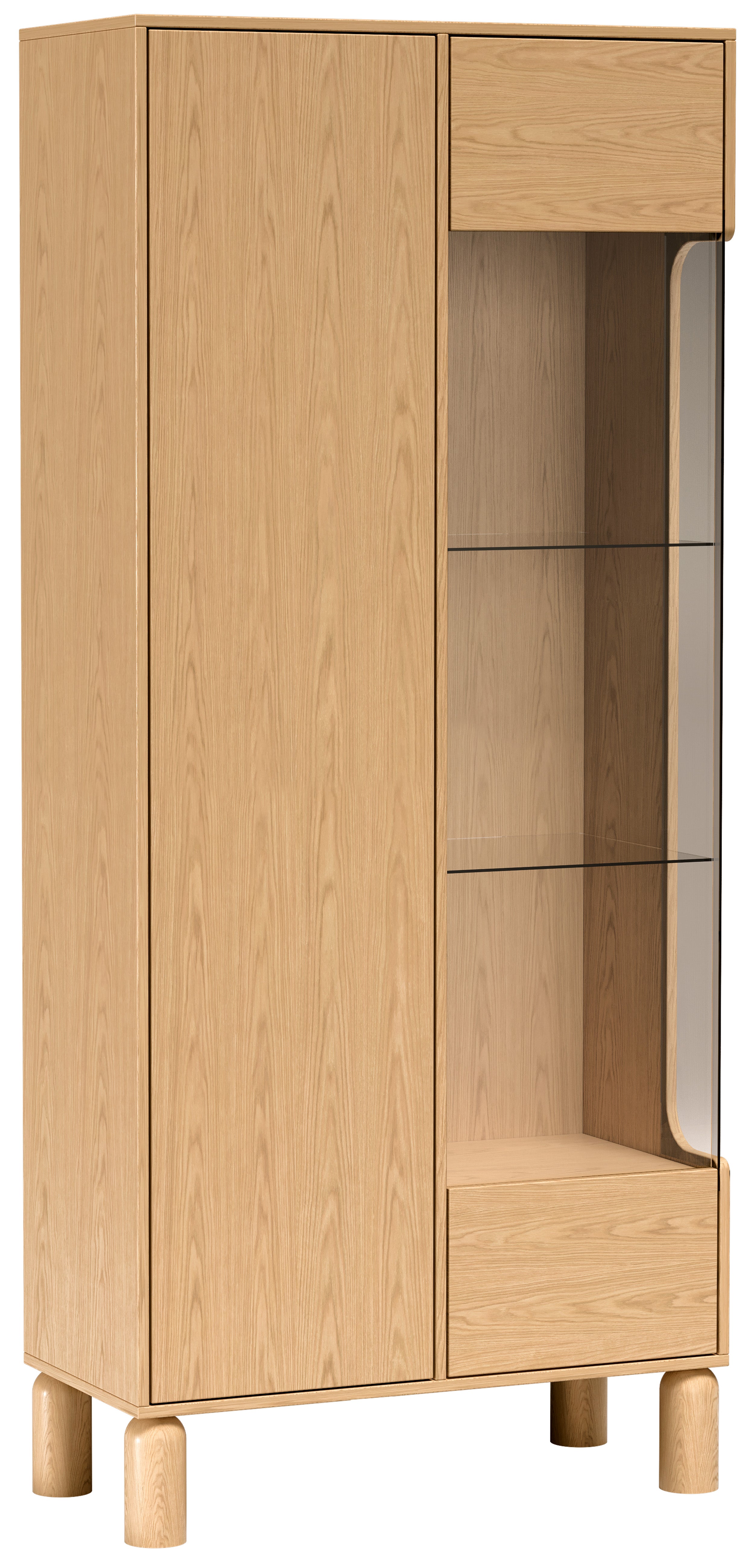Zweiflügelige Sanden-Vitrine hoch mit LED-Beleuchtung 89 cm Eiche Bookmatch
